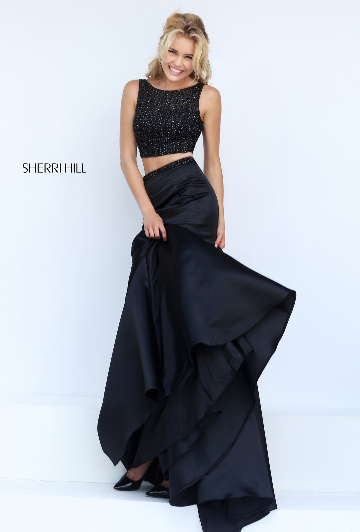 Sherri Hill 50098 two-piece satin mermaid gown with crop top in black