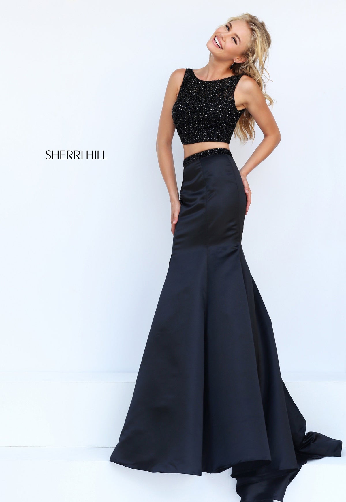 Sherri Hill 50098 two-piece satin mermaid gown with crop top in black