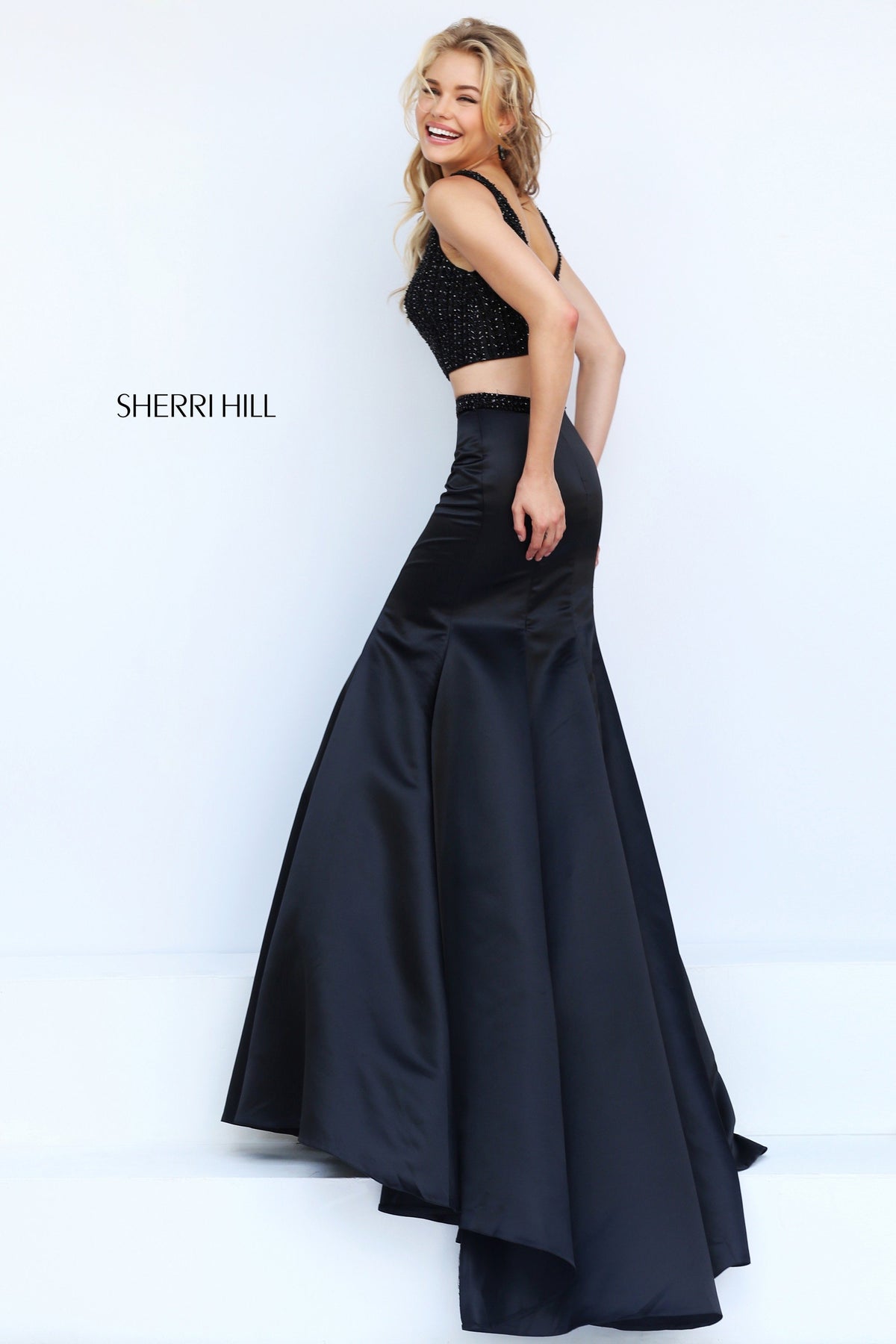 Sherri Hill 50098 two-piece satin mermaid gown with crop top in black