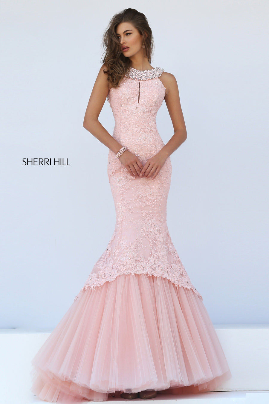 Sherri Hill style 50112 in blush, Lace Mermaid Gown with Tulle Skirt