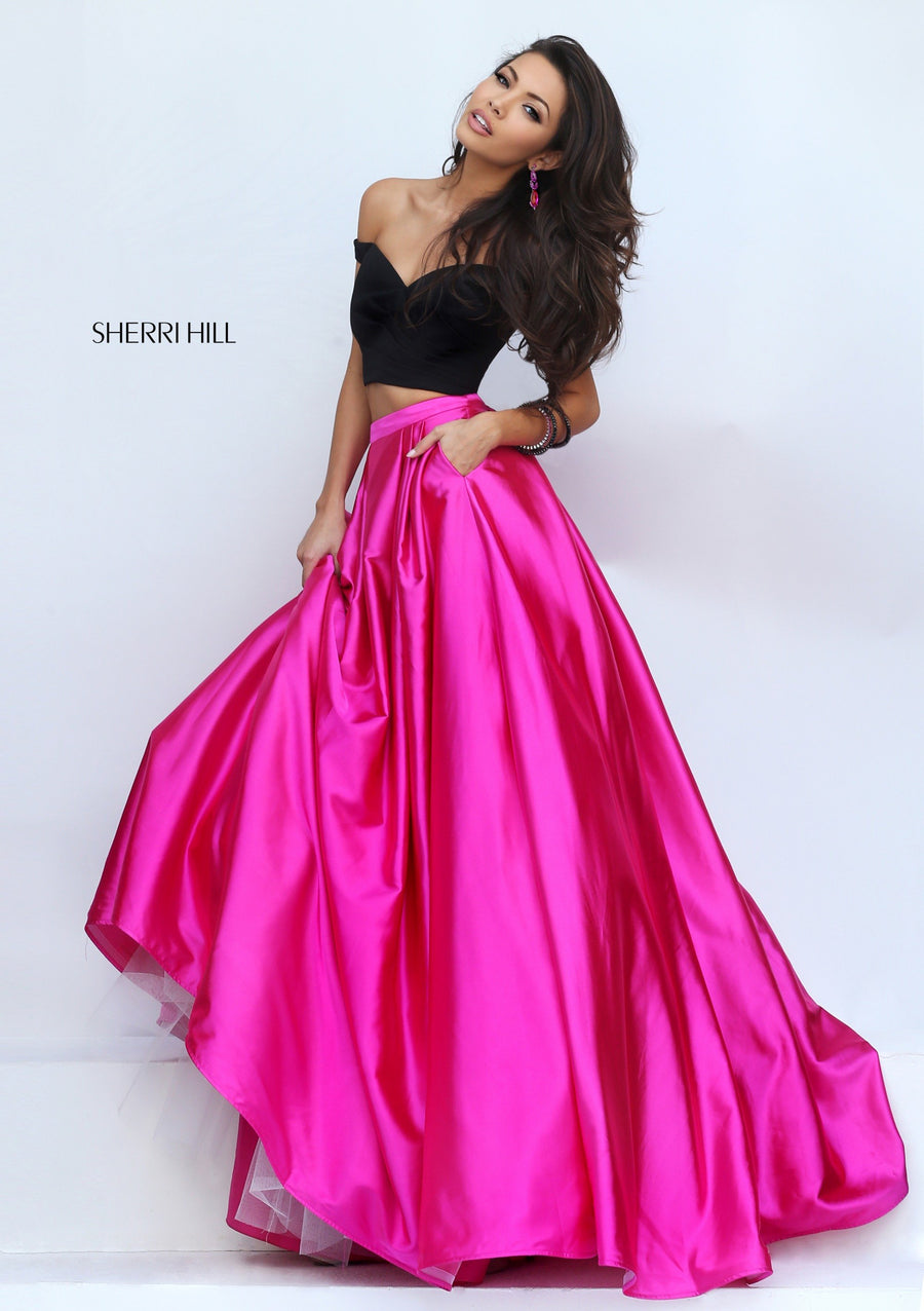Sherri Hill style 50194 in black/fuchsia, Two-Piece Satin Ball Gown