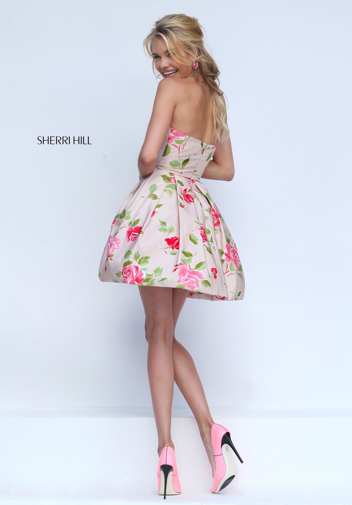 Sherri Hill 50116 strapless floral print cocktail dress