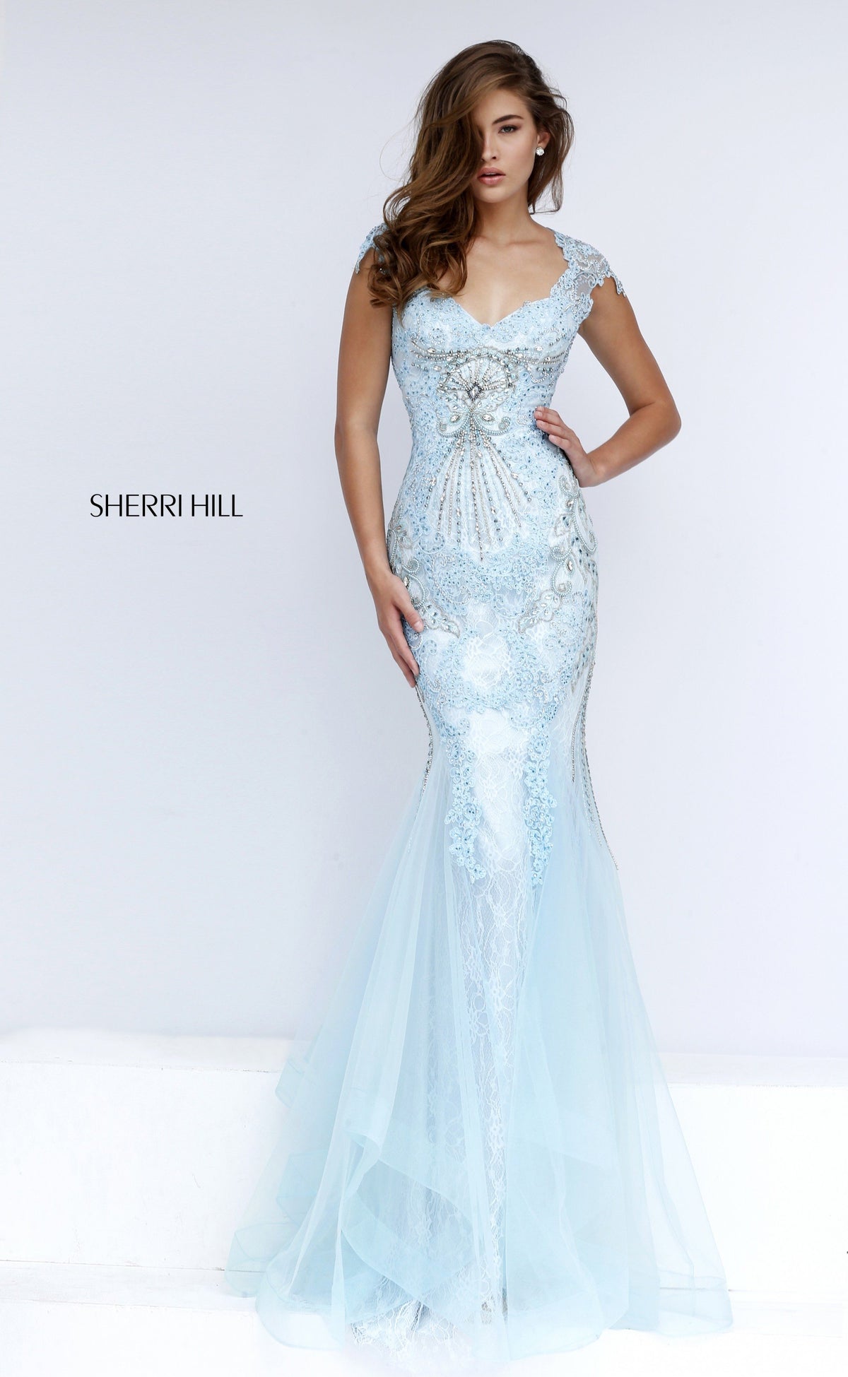 Sherri Hill 50002 cap-sleeve beaded mermaid gown with tulle skirt in light blue