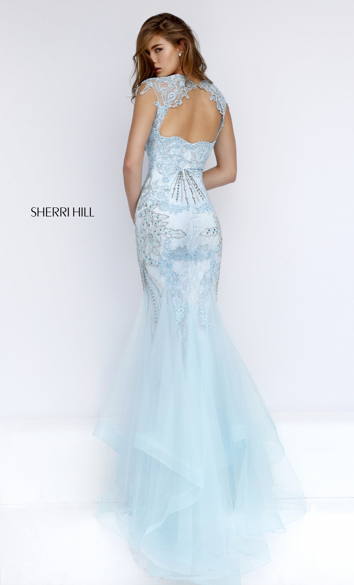 Sherri Hill 50002 cap-sleeve beaded mermaid gown with tulle skirt