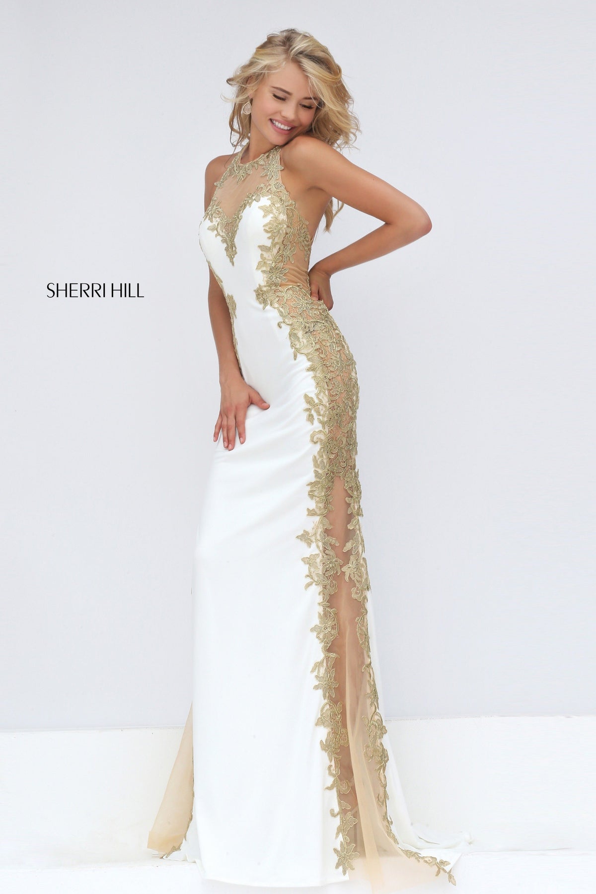 Sherri Hill 50247 fitted gown with beaded side panels in ivory/gold