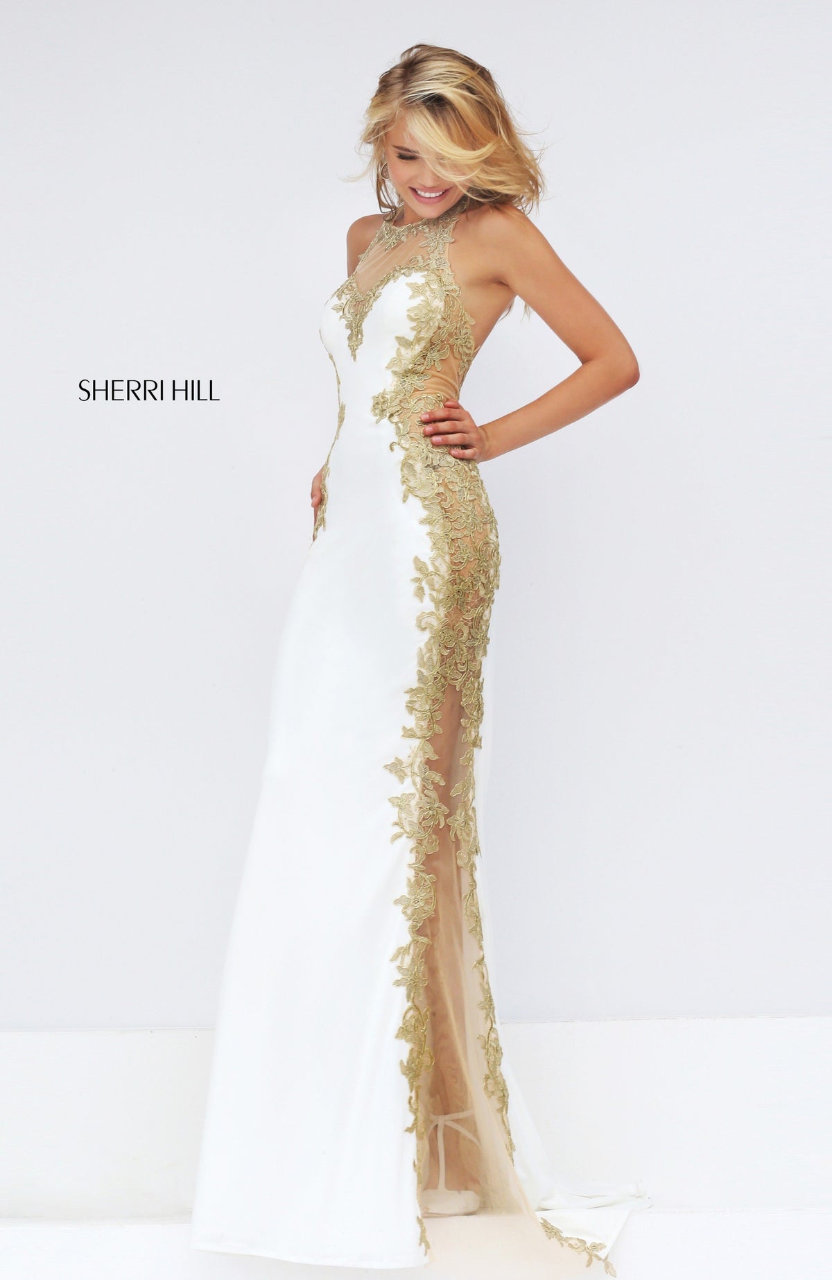 Sherri Hill 50247 fitted gown with beaded side panels in ivory/gold