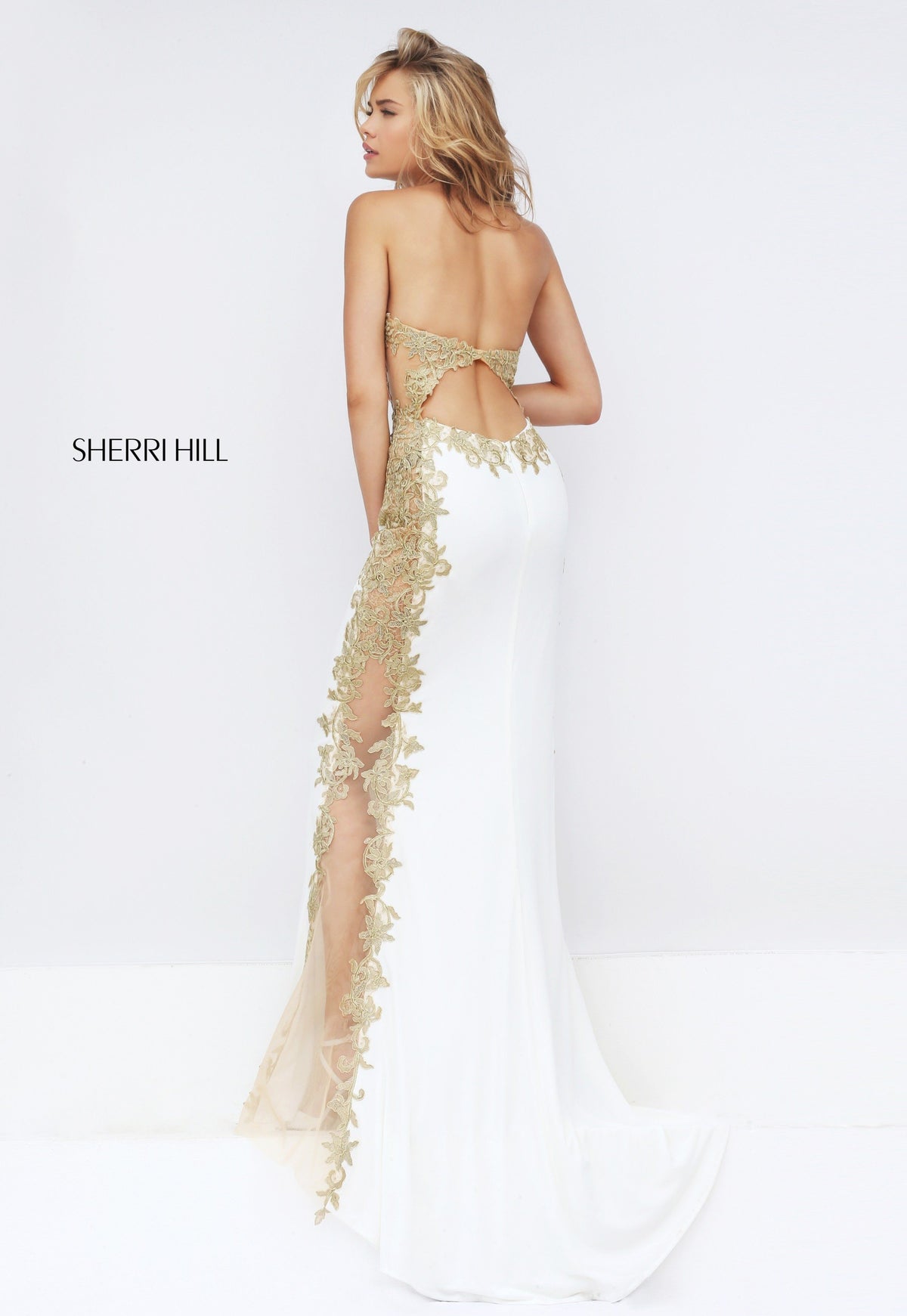 Sherri Hill 50247 fitted gown with beaded side panels in ivory/gold