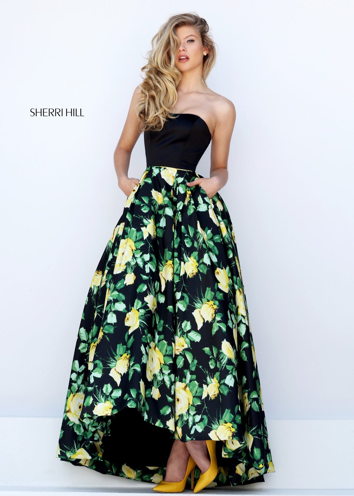 Sherri Hill 50206 strapless floral print high-low gown in black/yellow print