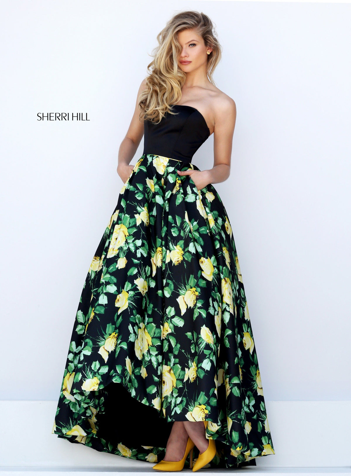 Sherri Hill 50206 strapless floral print high-low gown in black/yellow print