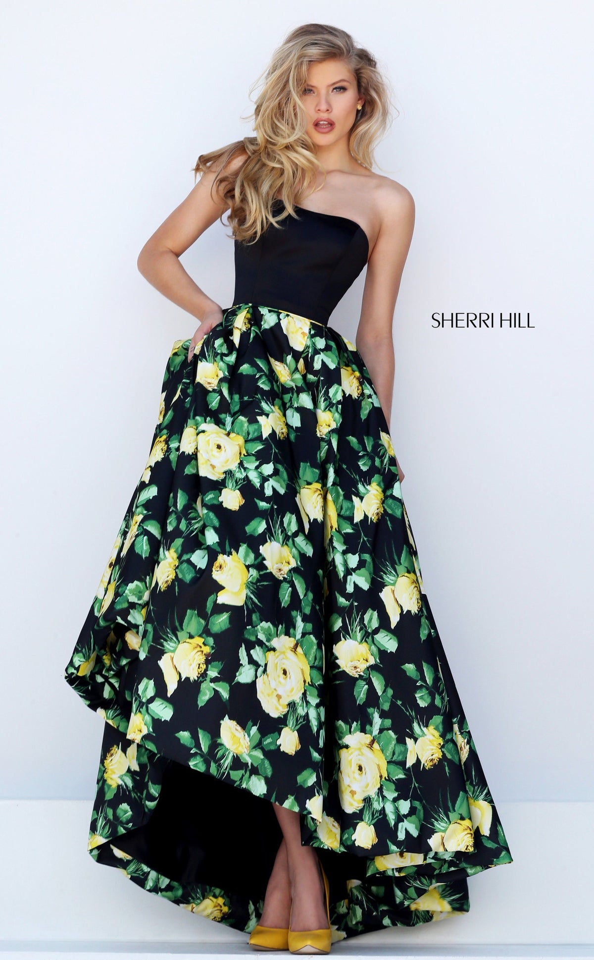 Sherri Hill 50206 strapless floral print high-low gown in black/yellow print