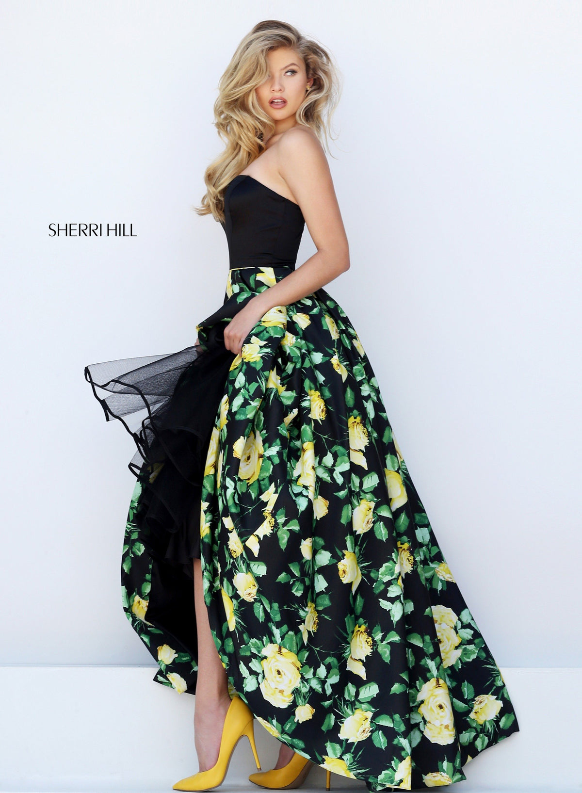 Sherri Hill 50206 strapless floral print high-low gown in black/yellow print