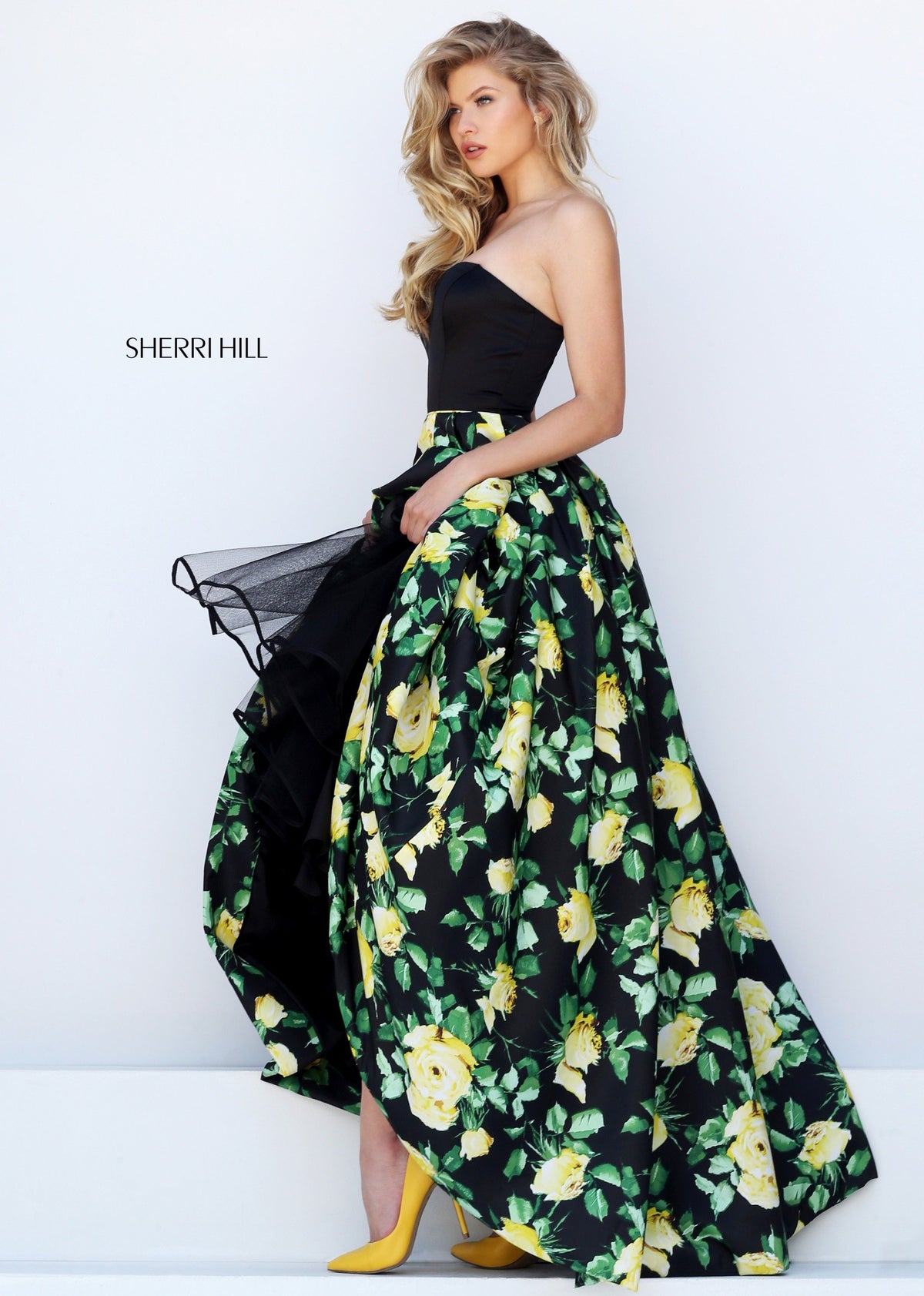 Sherri Hill 50206 strapless floral print high-low gown in black/yellow print
