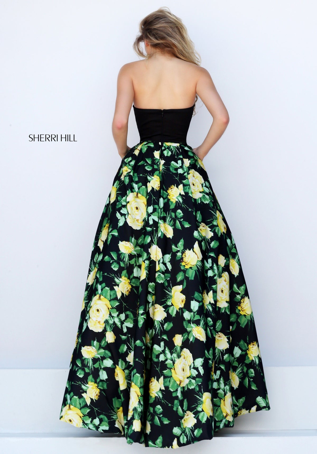 Sherri Hill 50206 strapless floral print high-low gown in black/yellow print