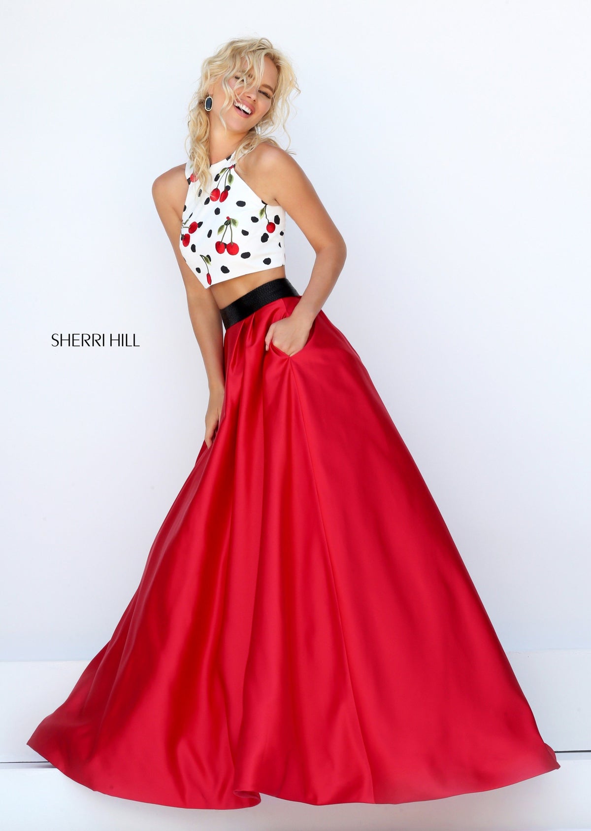 Sherri Hill 50217 two-piece satin ball gown with embroidered crop top in ivory/red print
