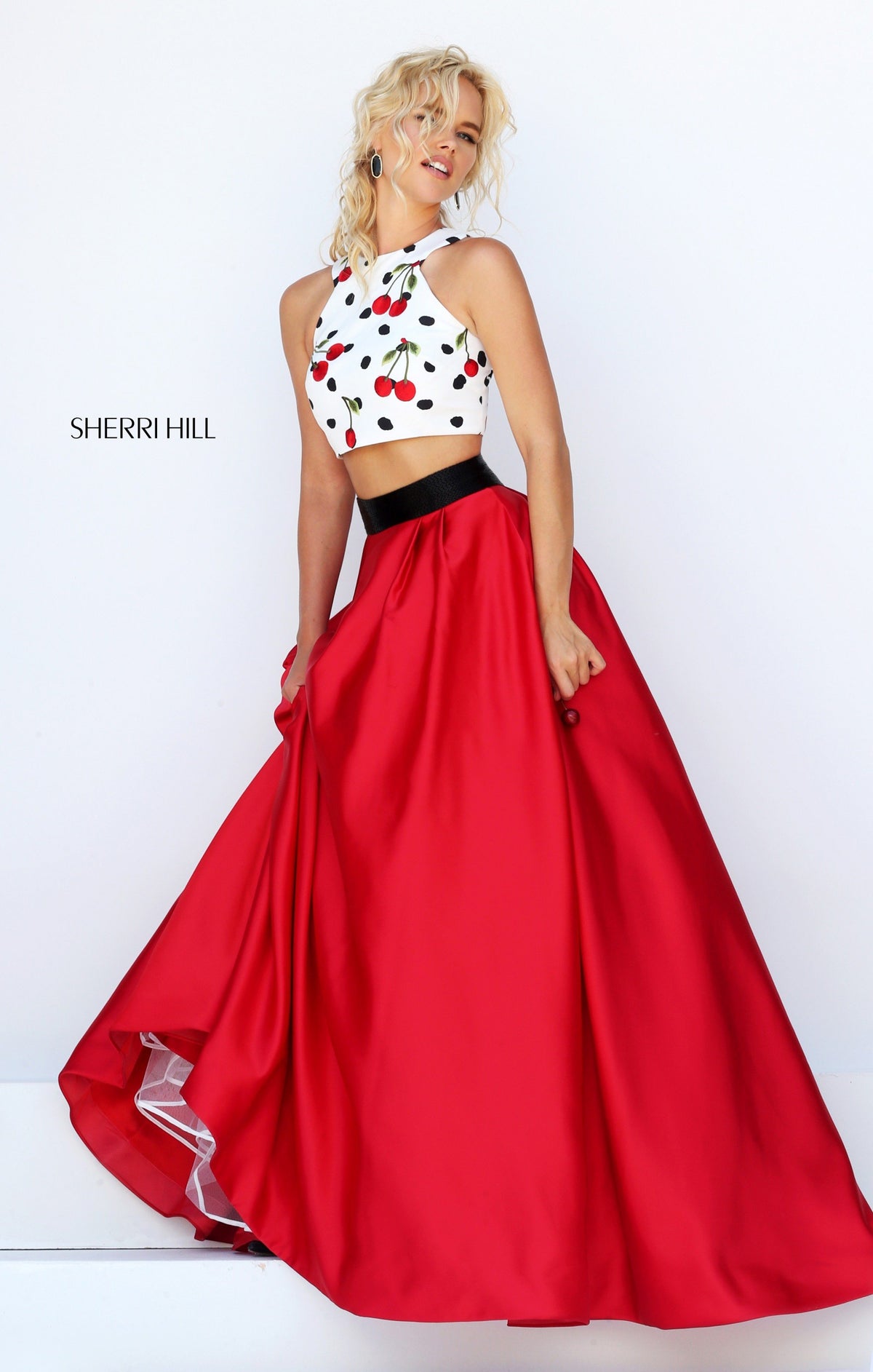 Sherri Hill 50217 two-piece satin ball gown with embroidered crop top in ivory/red print