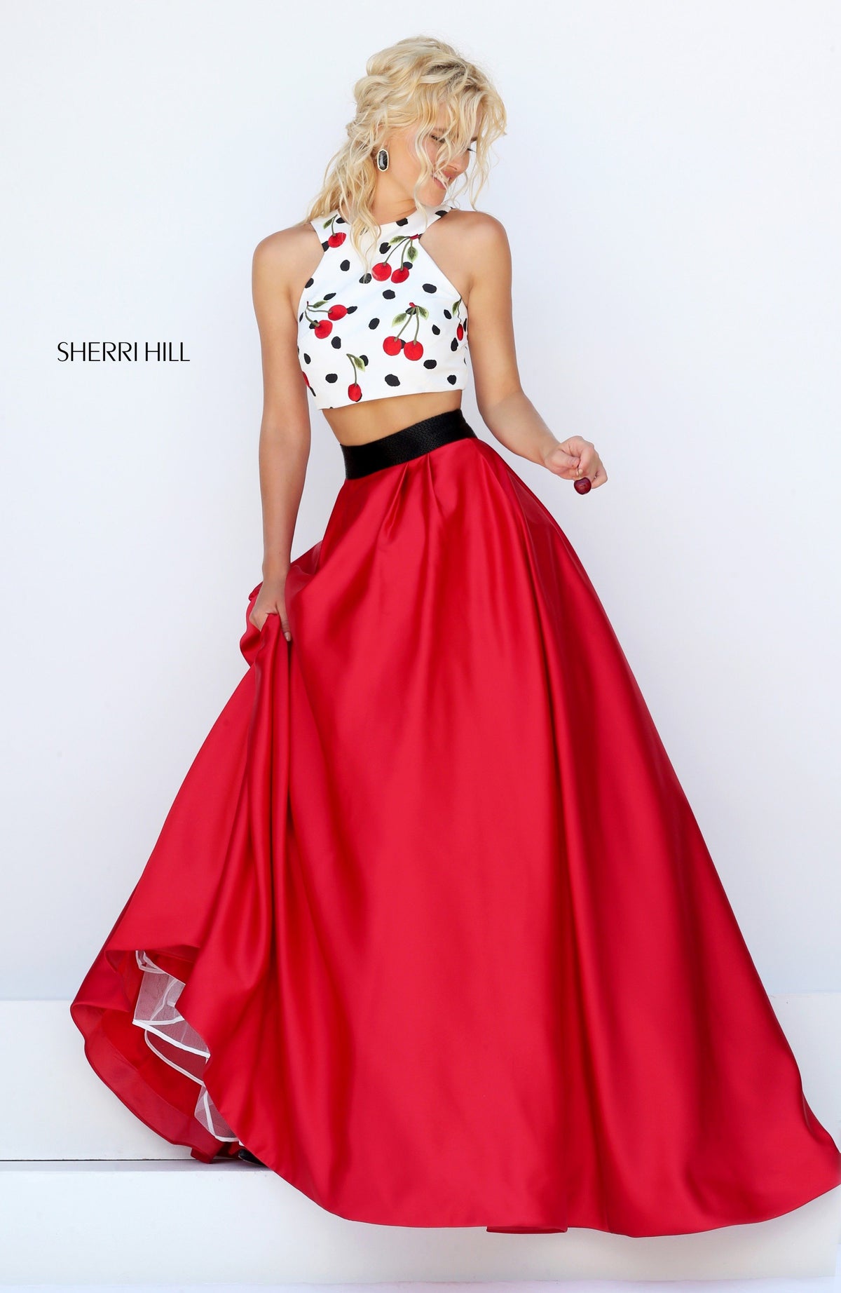 Sherri Hill 50217 two-piece satin ball gown with embroidered crop top in ivory/red print