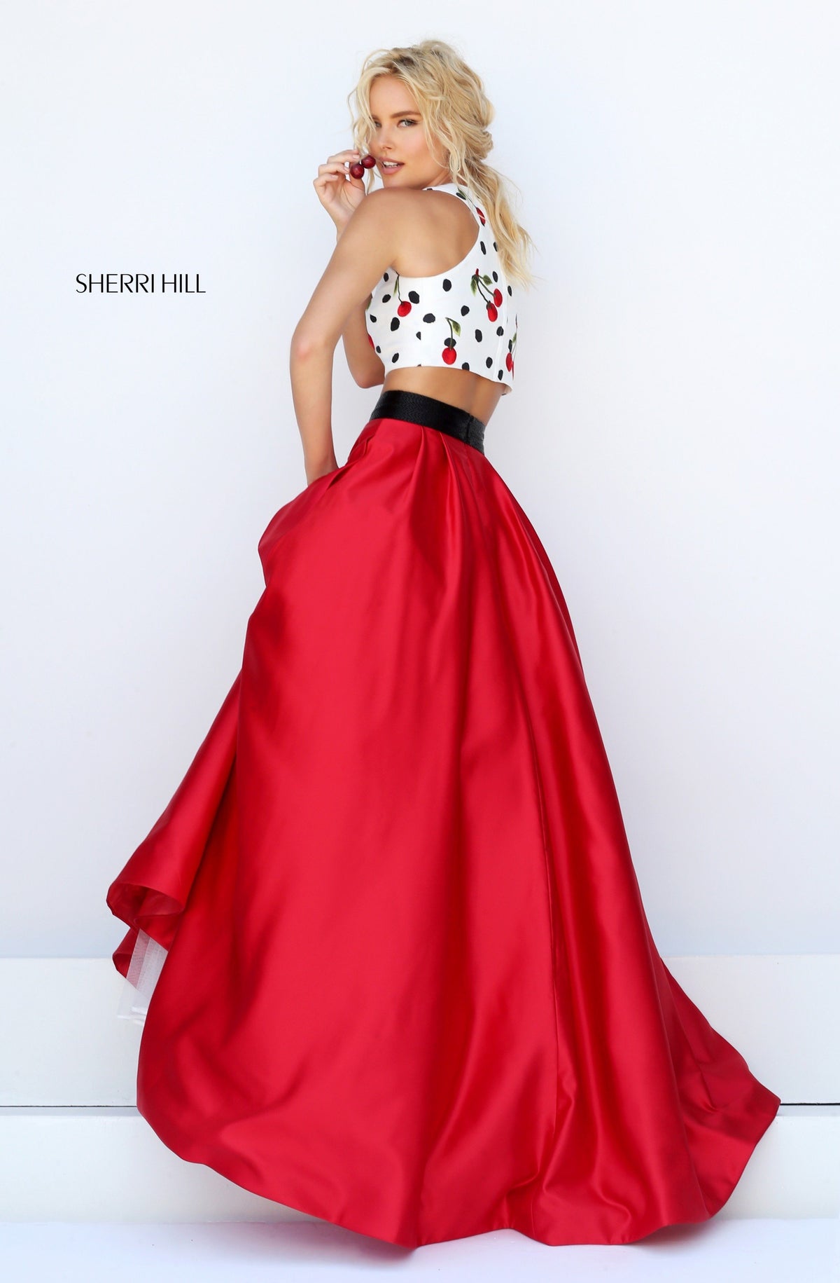Sherri Hill 50217 two-piece satin ball gown with embroidered crop top in ivory/red print