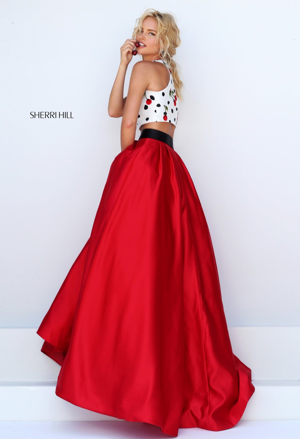 Sherri Hill 50217 two-piece satin ball gown with embroidered crop top in ivory/red print