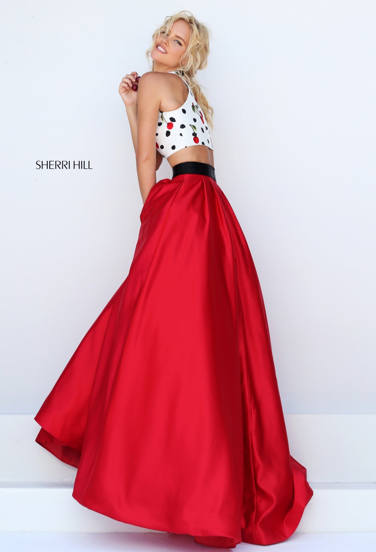 Sherri Hill 50217 two-piece satin ball gown with embroidered crop top in ivory/red print