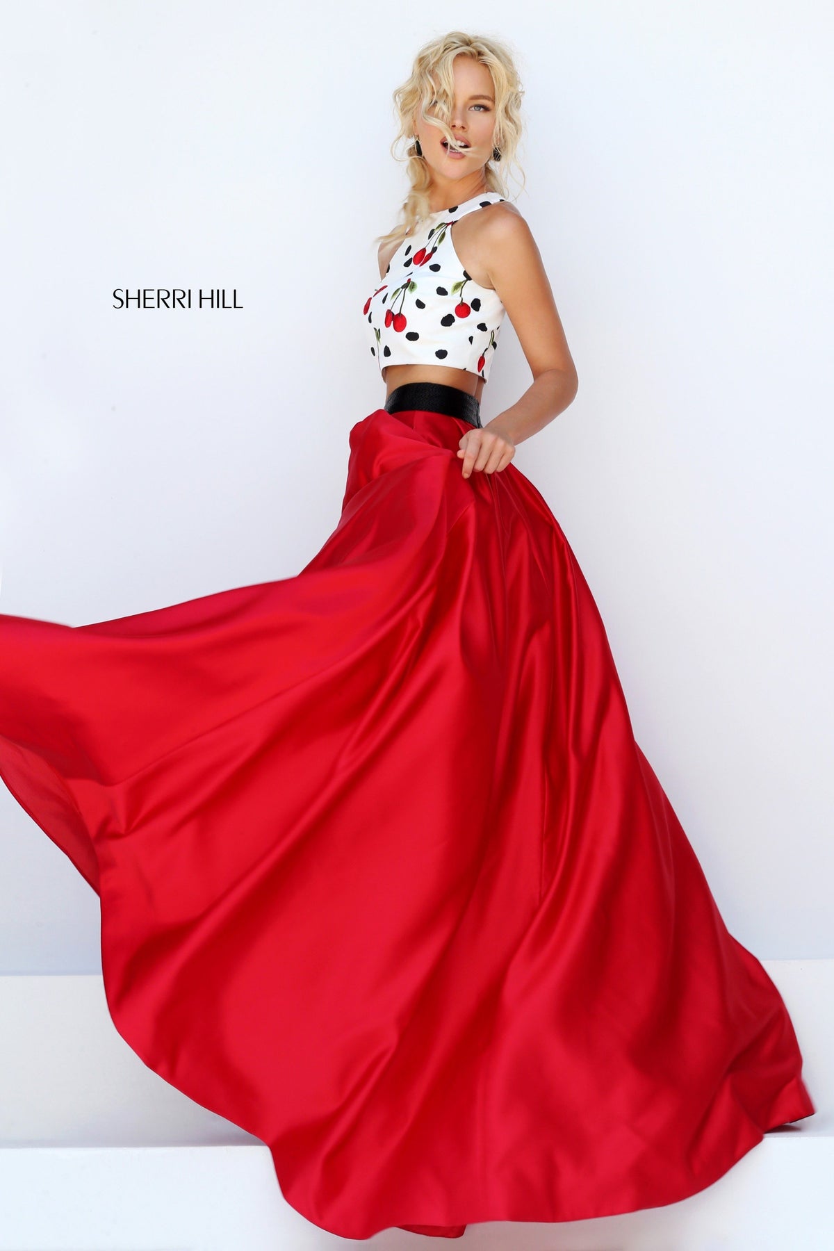 Sherri Hill 50217 two-piece satin ball gown with embroidered crop top in ivory/red print