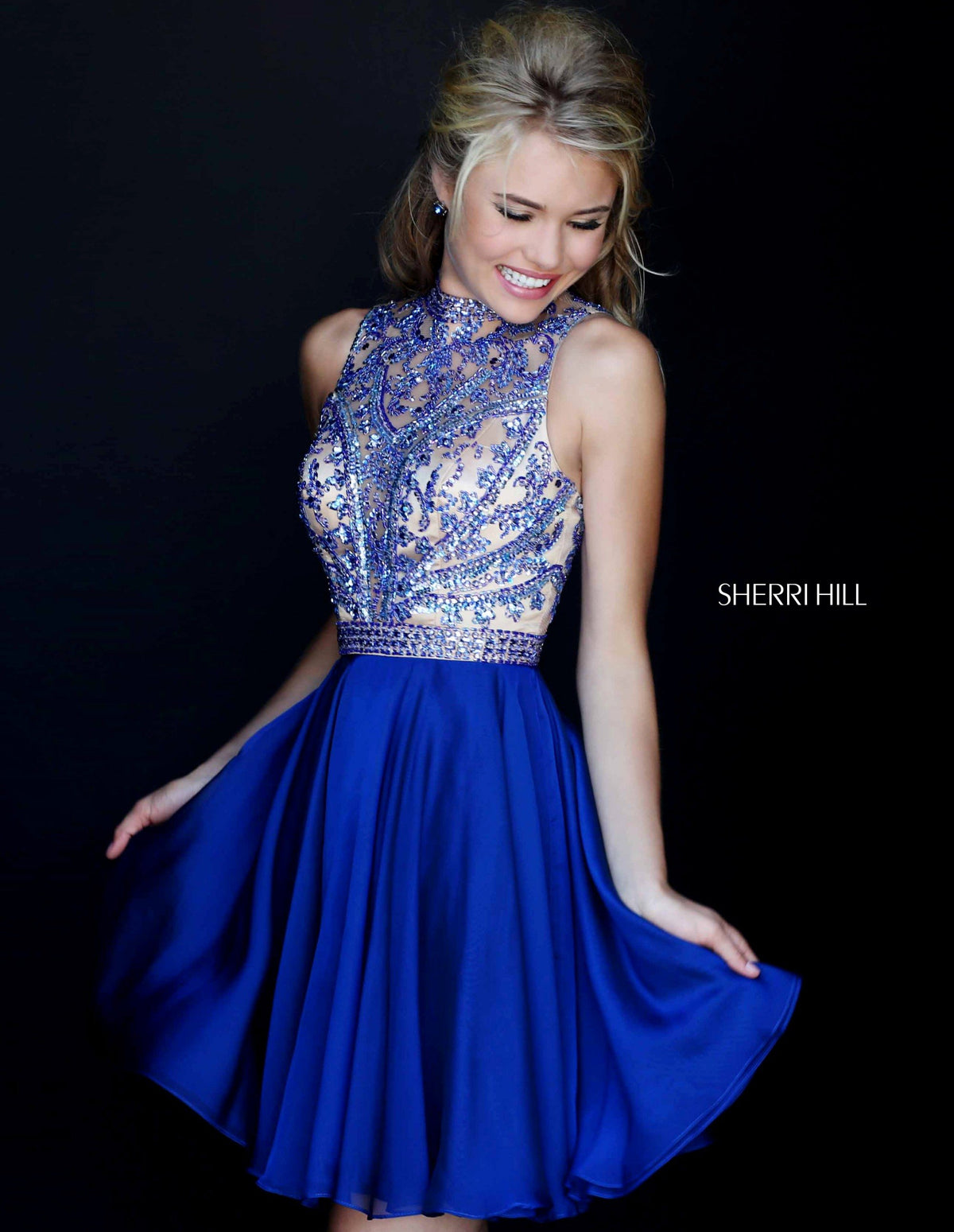 Sherri Hill 1965 high-neck beaded bodice chiffon cocktail dress