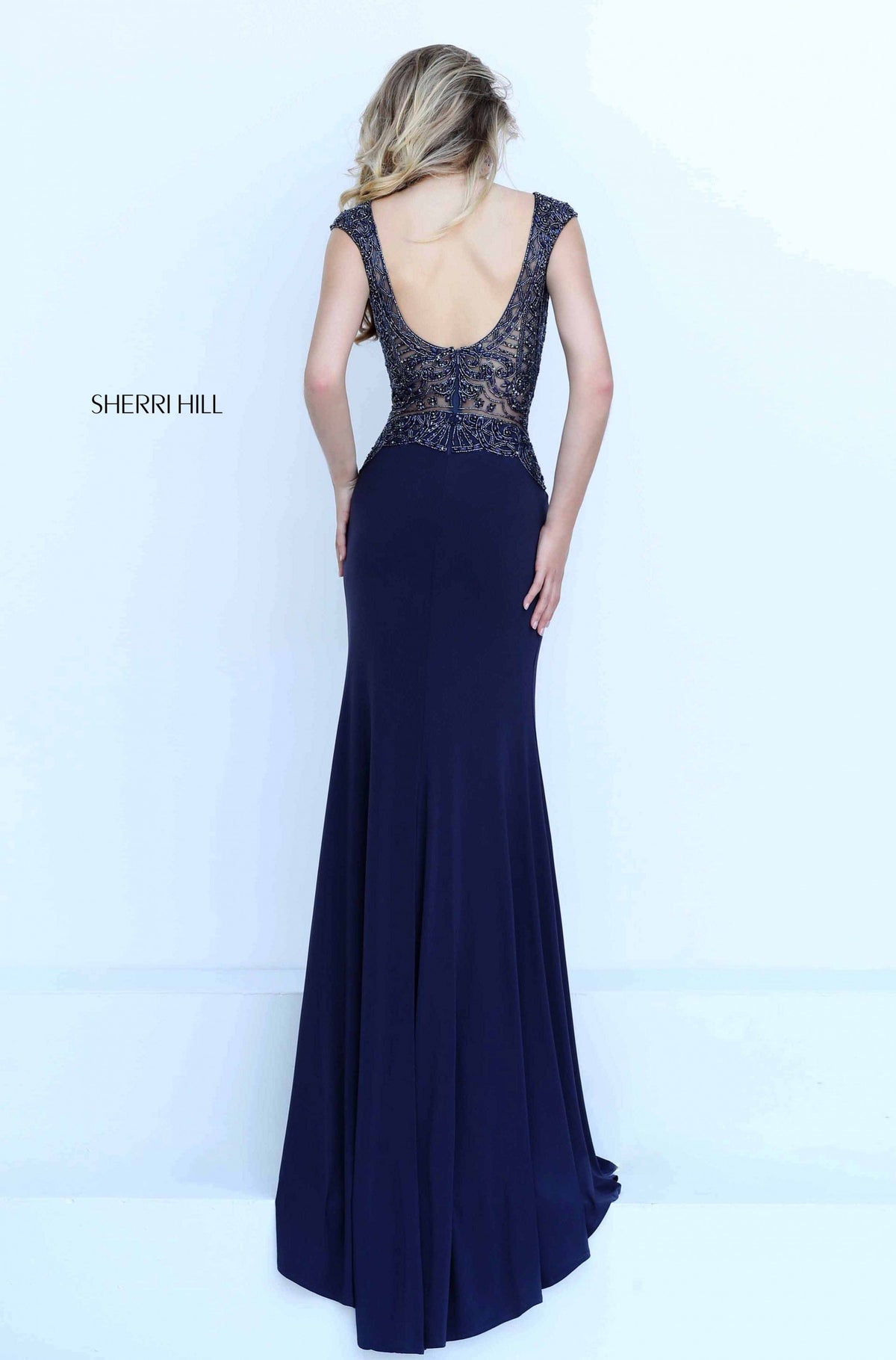 Sherri Hill 50159 V-neck fitted jersey gown with slit in gunmetal