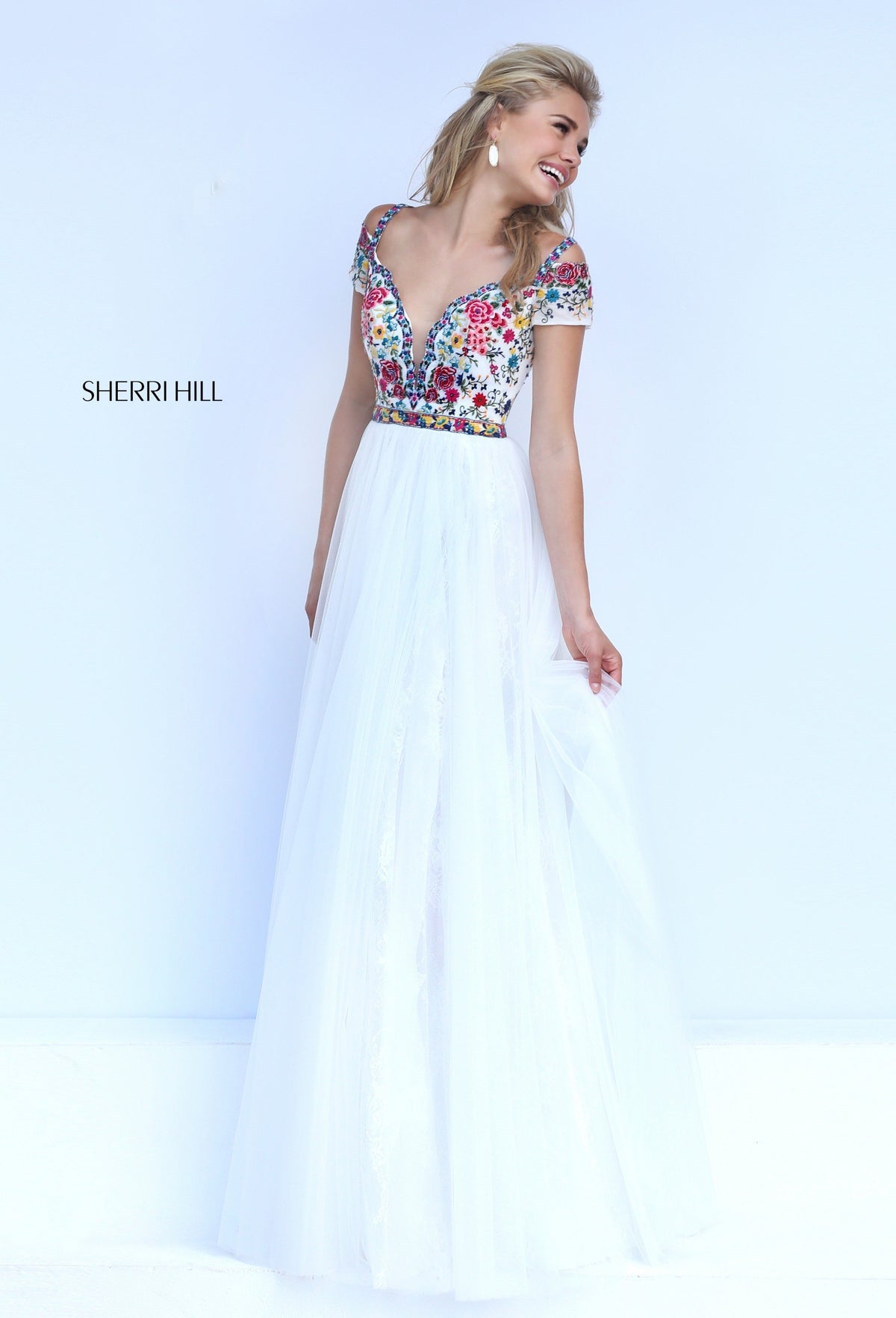 Sherri Hill 50151 cap-sleeve embroidered tulle gown