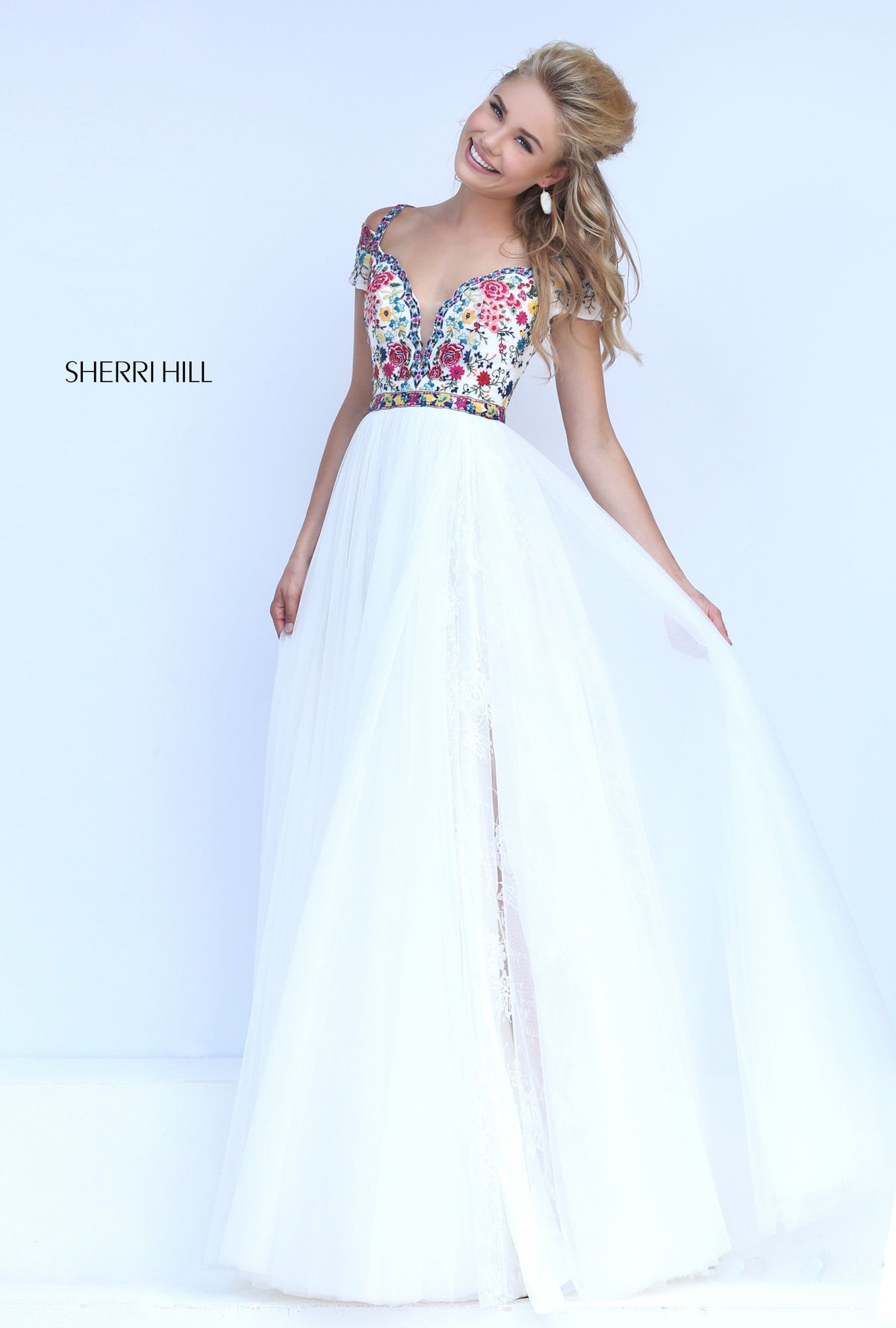 Sherri Hill 50151 cap-sleeve embroidered tulle gown
