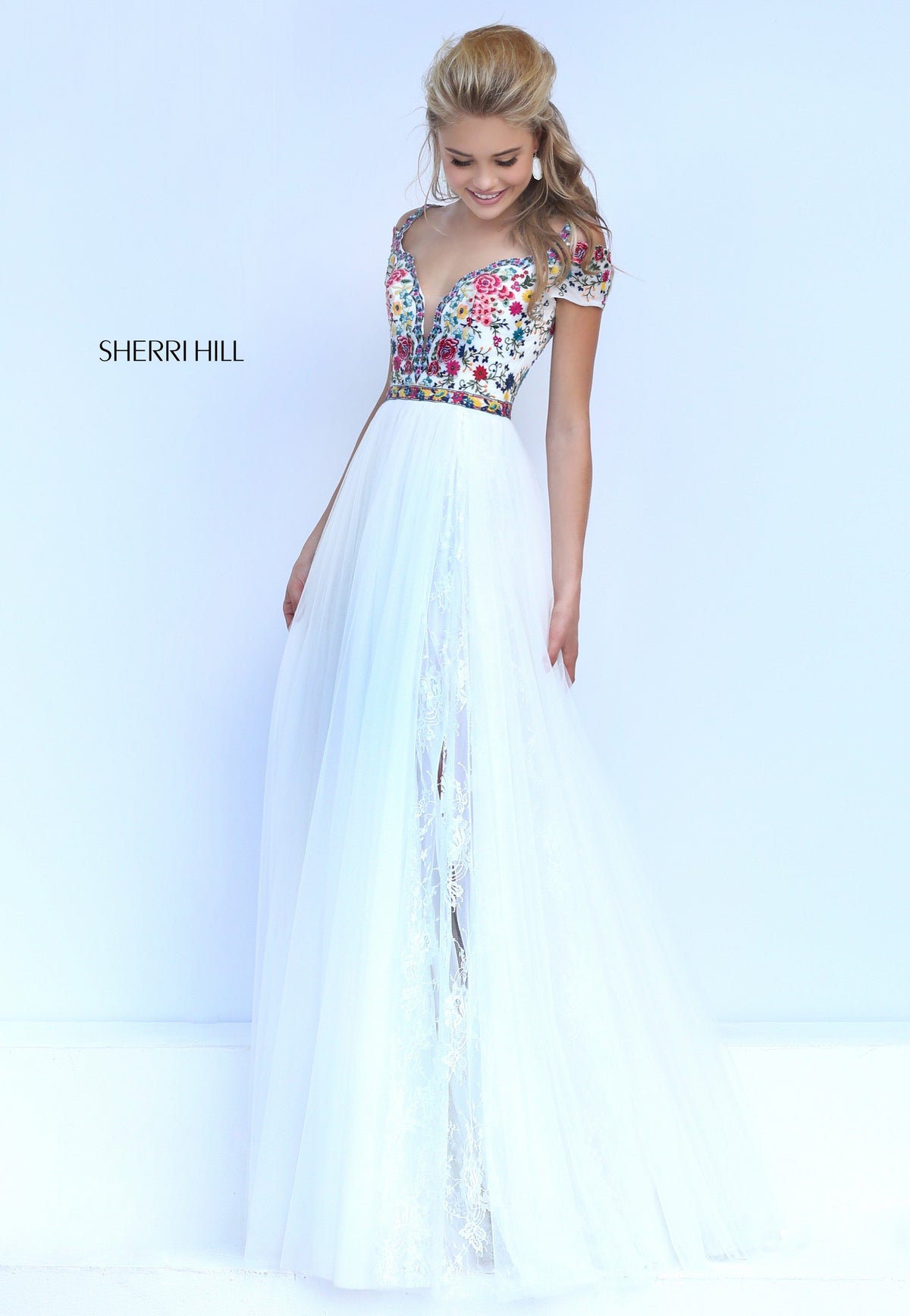 Sherri Hill 50151 cap-sleeve embroidered tulle gown in ivory/multi