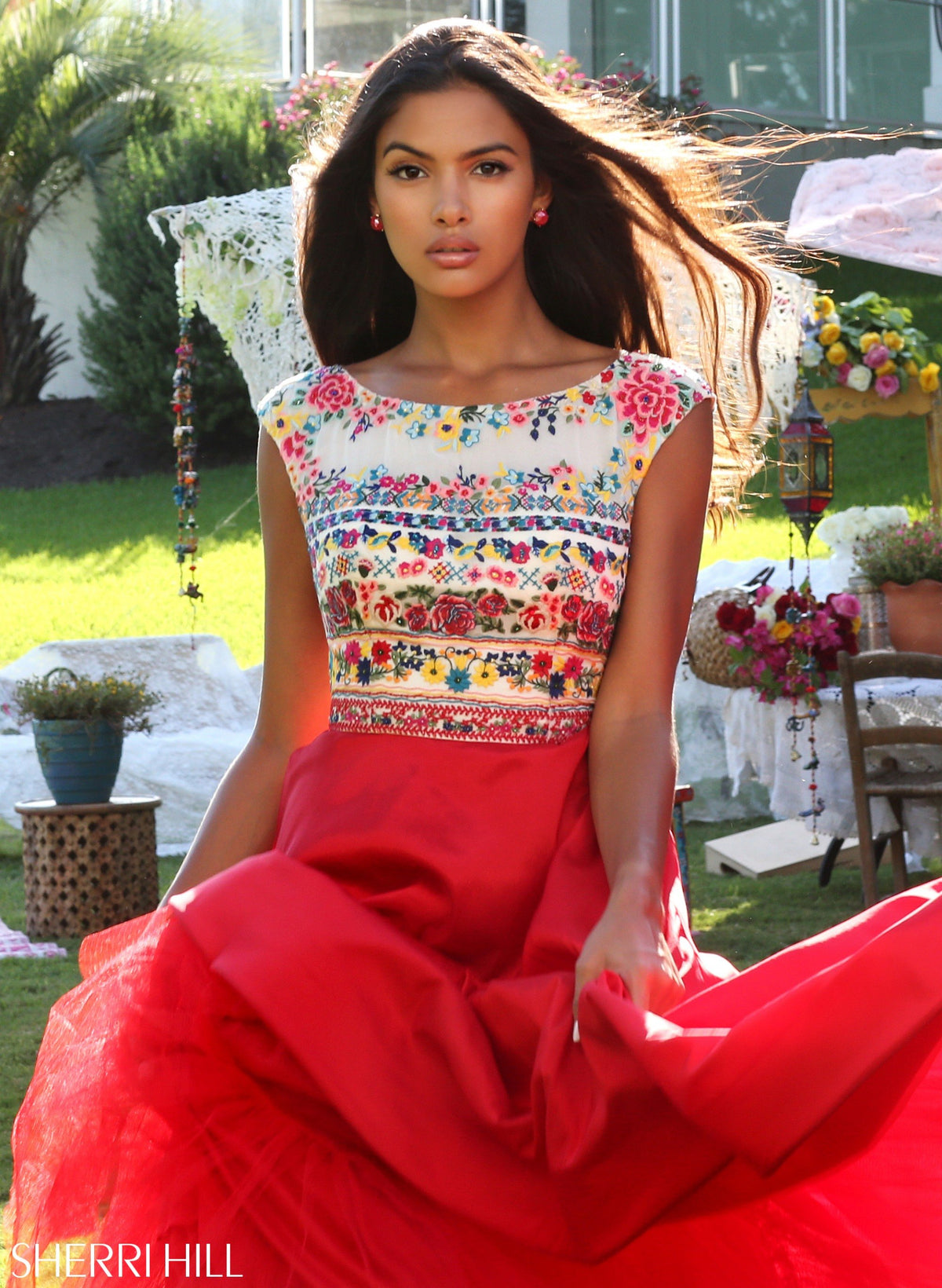 Sherri Hill 50335 two-piece chiffon gown with embroidered crop top