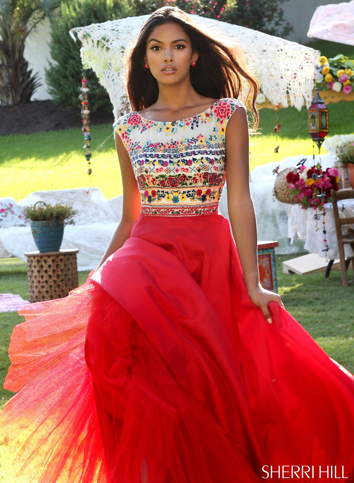 Sherri Hill 50335 two-piece chiffon gown with embroidered crop top