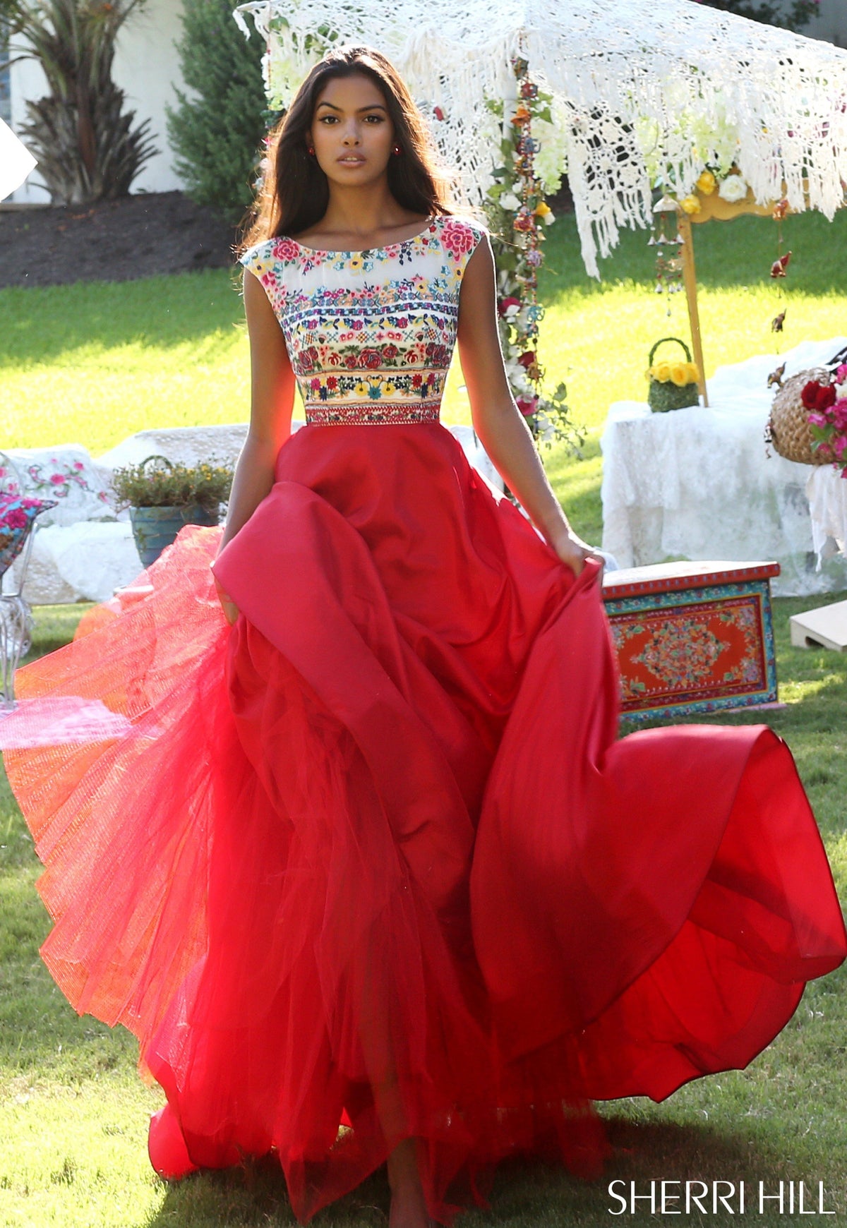 Sherri Hill 50335 two-piece chiffon gown with embroidered crop top