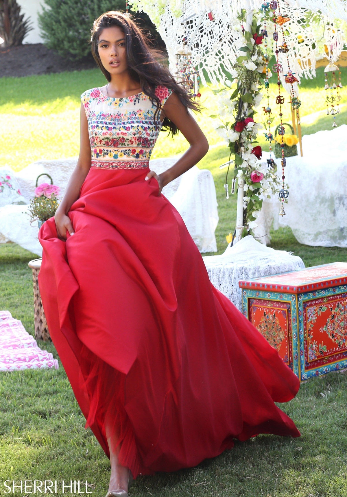 Sherri Hill 50335 two-piece chiffon gown with embroidered crop top