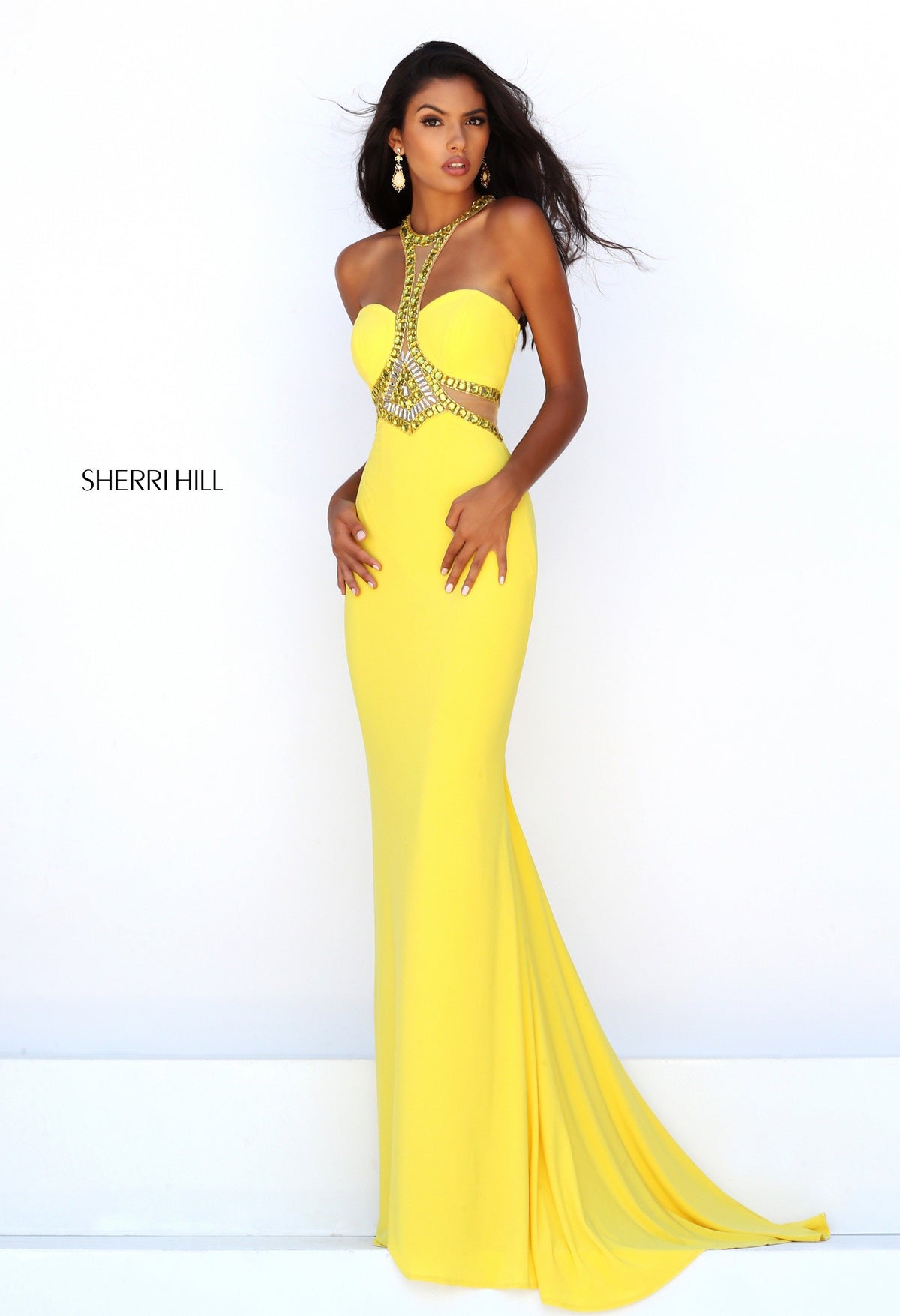 Sherri Hill 50339 halter fitted gown with cutouts in yellow