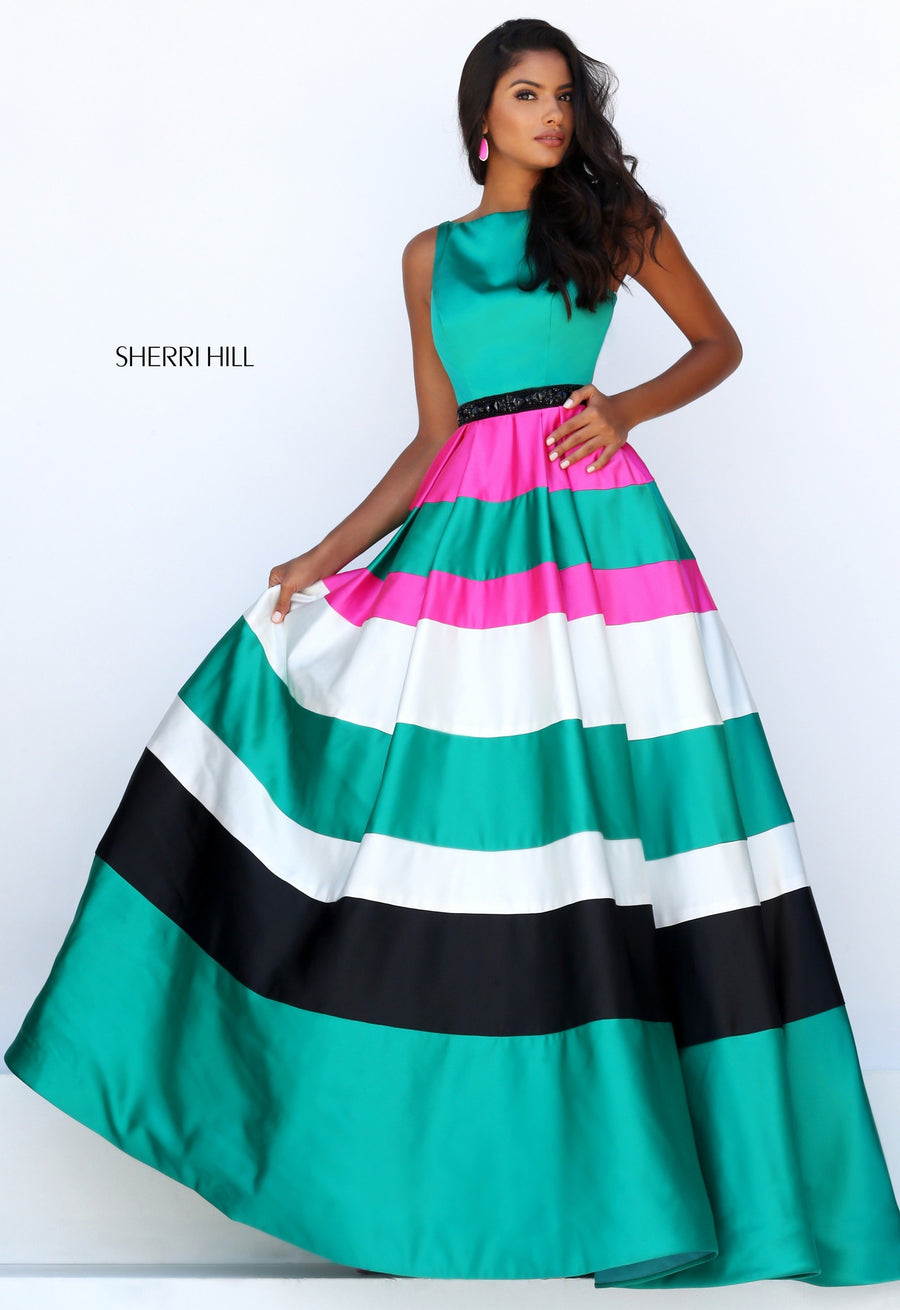 Sherri Hill style 50332 in emerald/black/fuchsia/ivory, Striped Satin Ball Gown