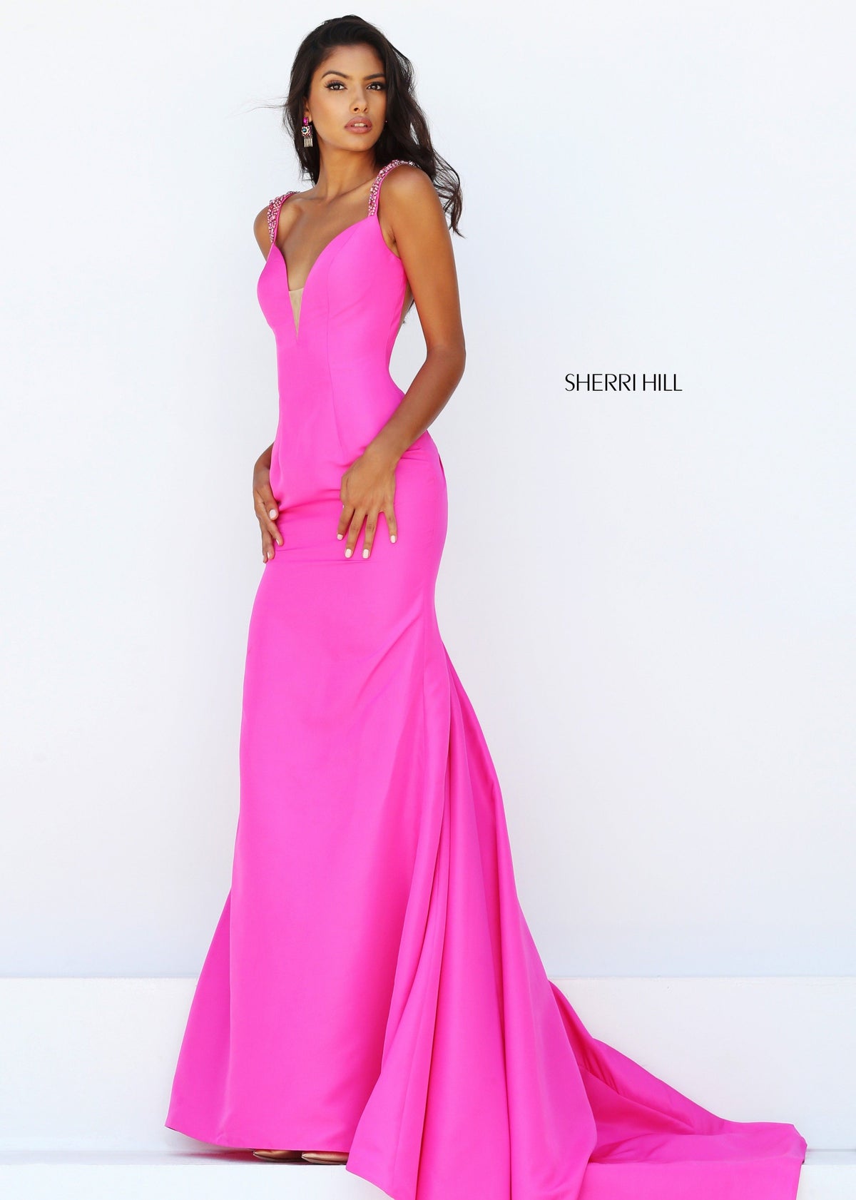 Sherri Hill 50331 V-neck satin mermaid gown in fuchsia