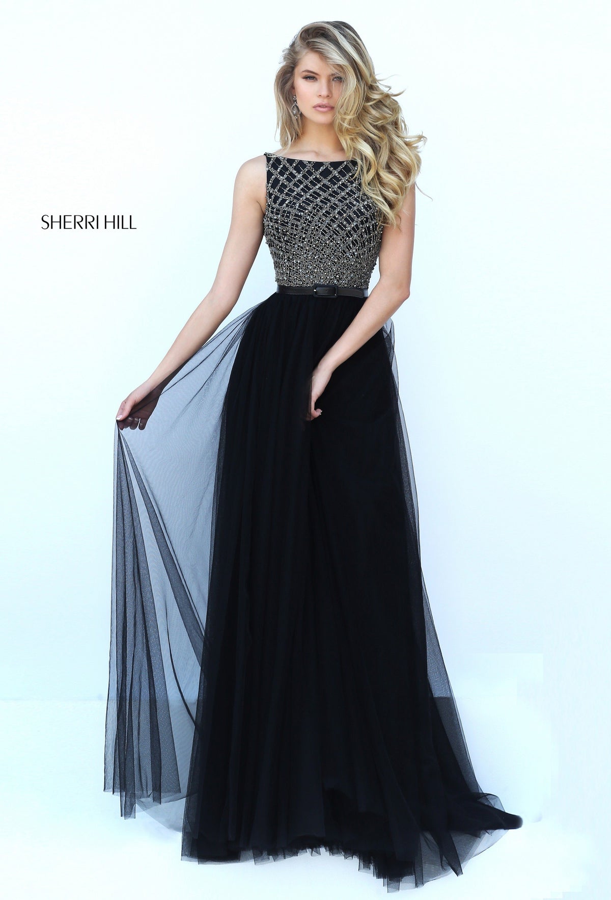 Sherri Hill 50265 beaded bodice chiffon gown in black