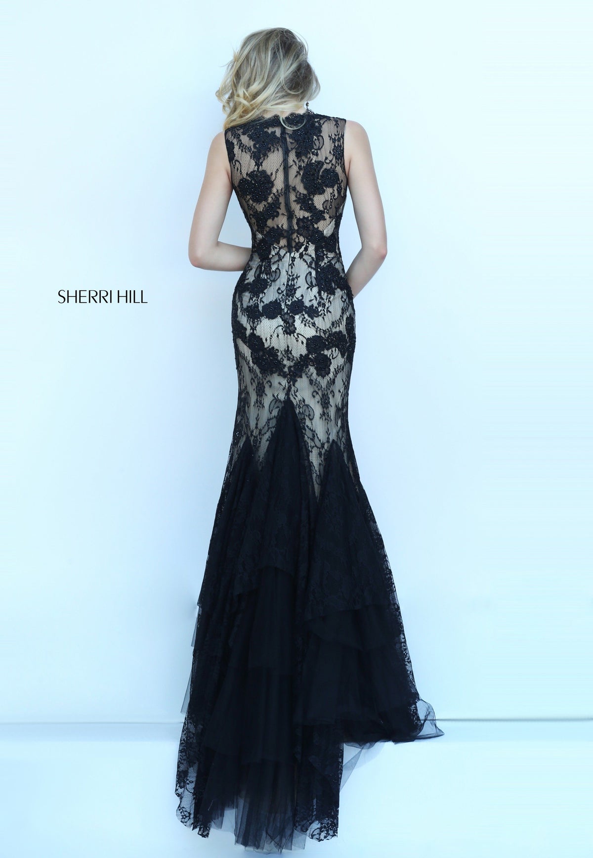 Sherri Hill 50285 beaded lace mermaid gown with tulle skirt in black/nude