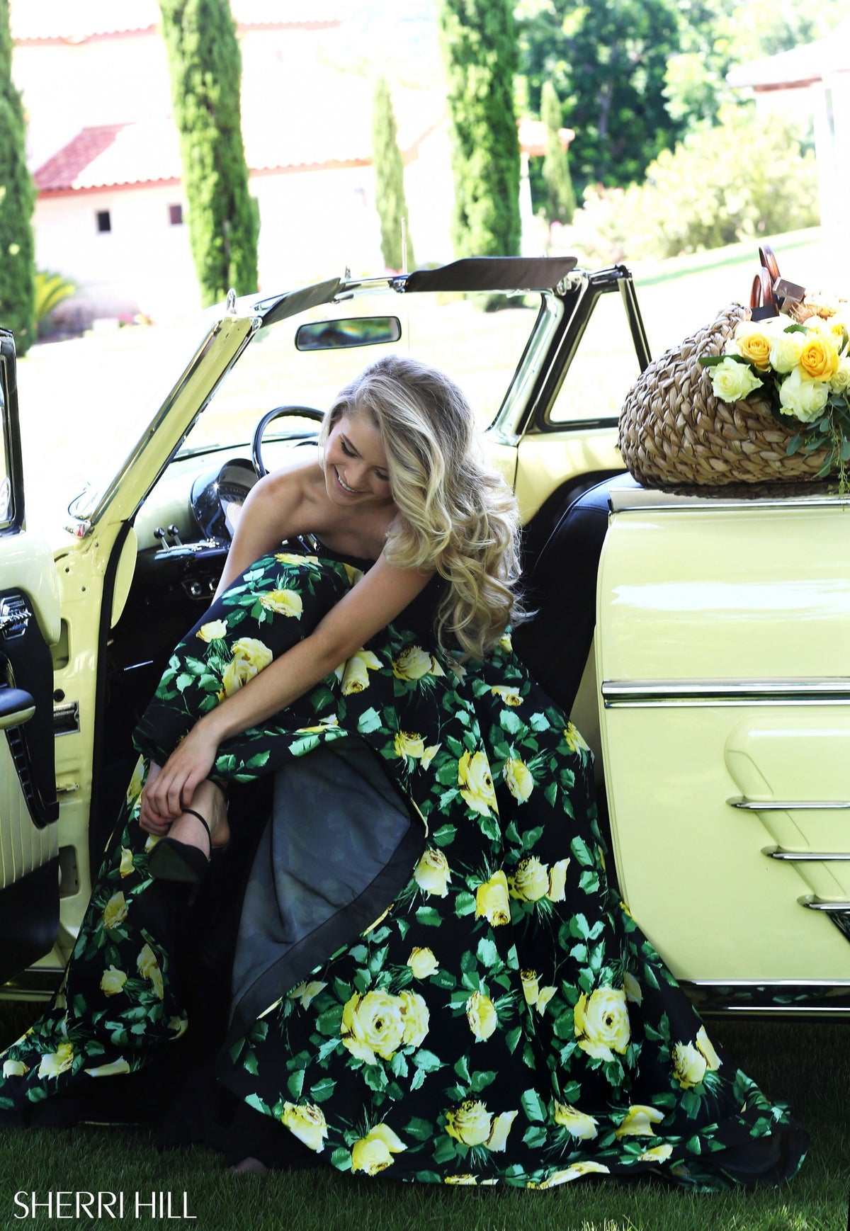 Sherri Hill 50036 strapless floral print ball gown in black print