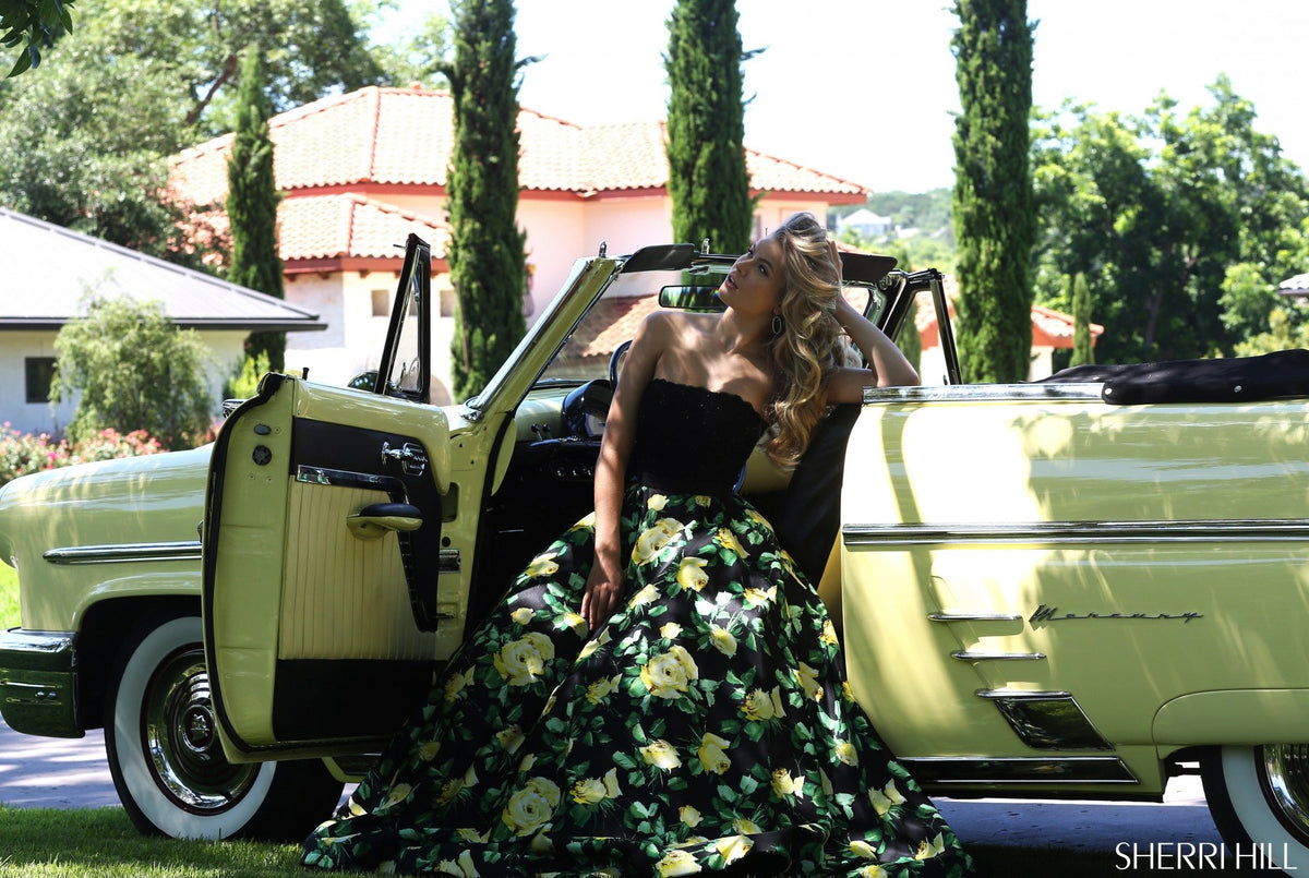 Sherri Hill 50036 strapless floral print ball gown in black print