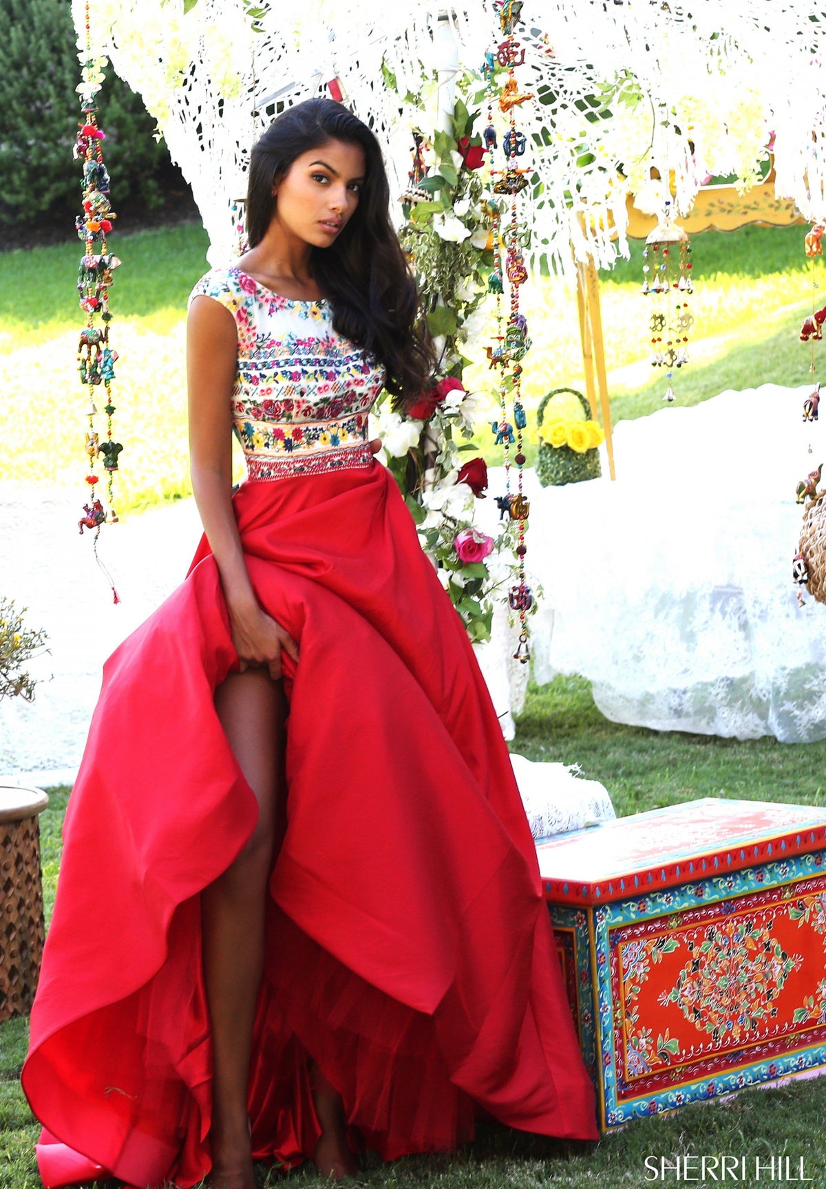 Sherri Hill 50335 two-piece chiffon gown with embroidered crop top