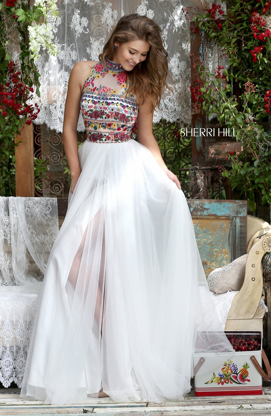 Sherri Hill style 50141 in black/multi, High Neck Bodice with Tulle A-Line Skirt