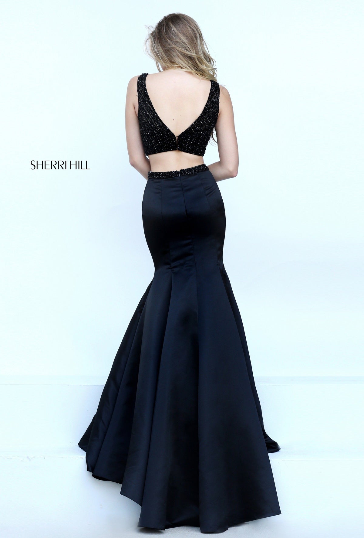 Sherri Hill 50098 two-piece satin mermaid gown with crop top in black