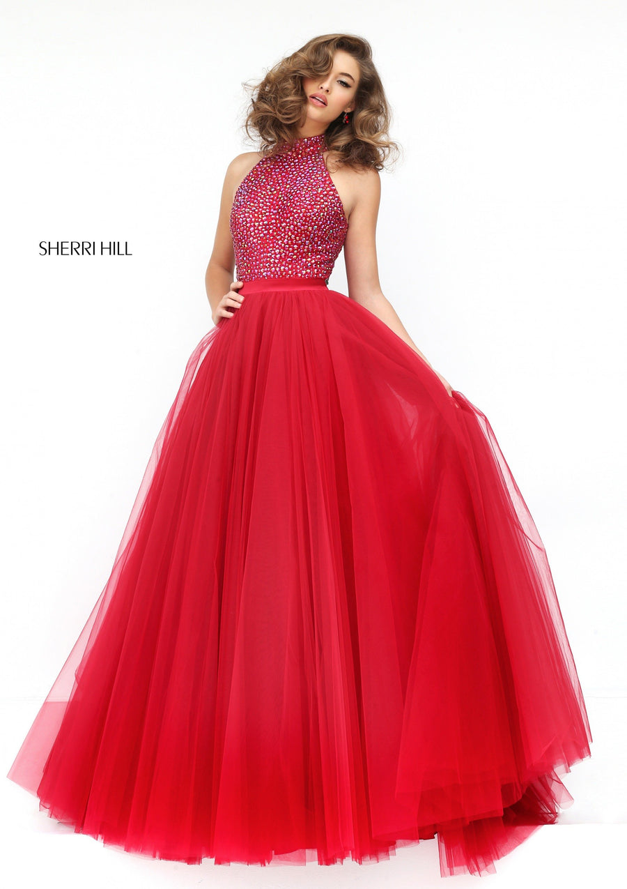 Sherri Hill style 11316 in copper, High Neck Bodice with Tulle A-Line Skirt