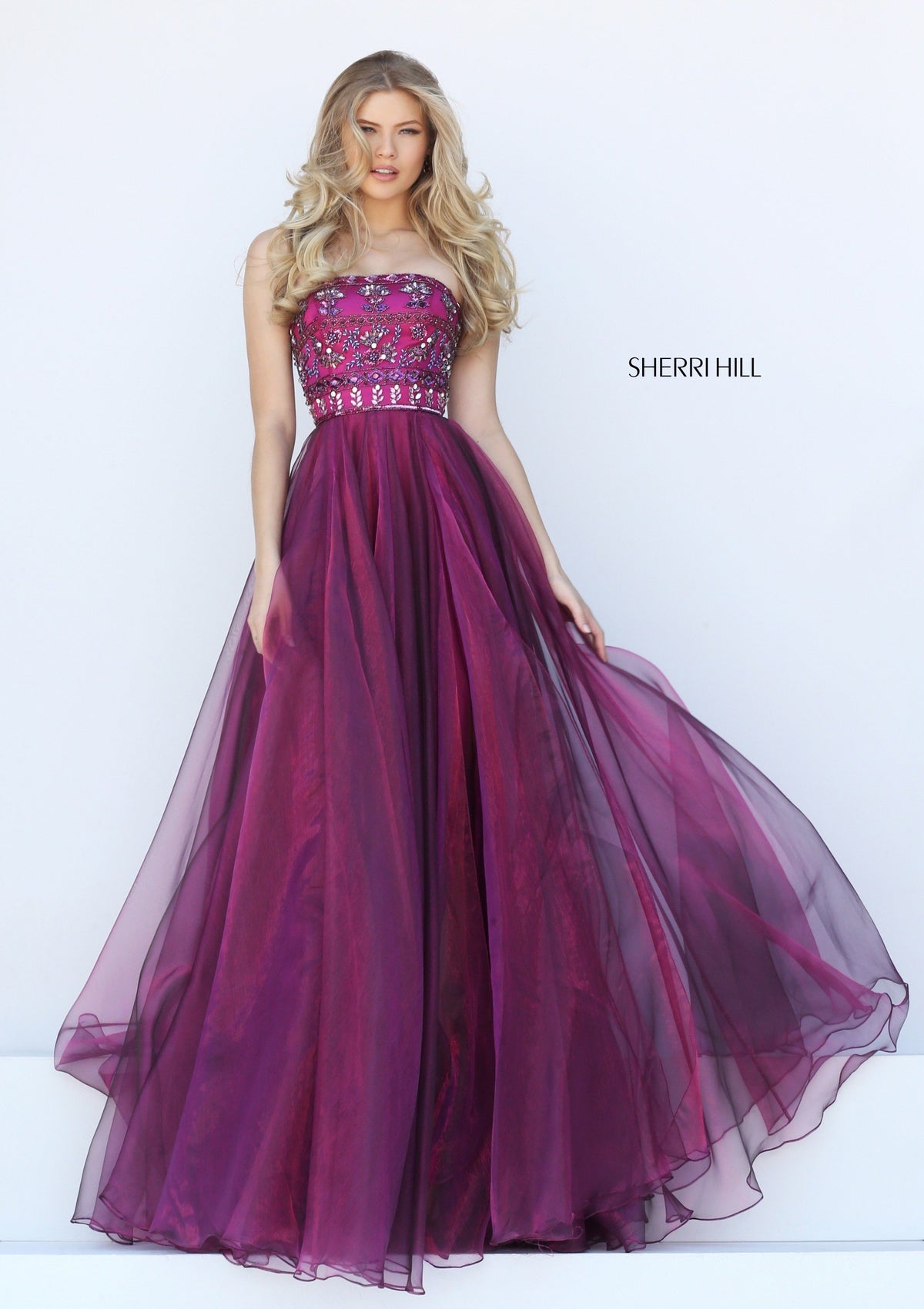 Sherri Hill 50344 organza sequined beaded bodice A-line gown in magenta