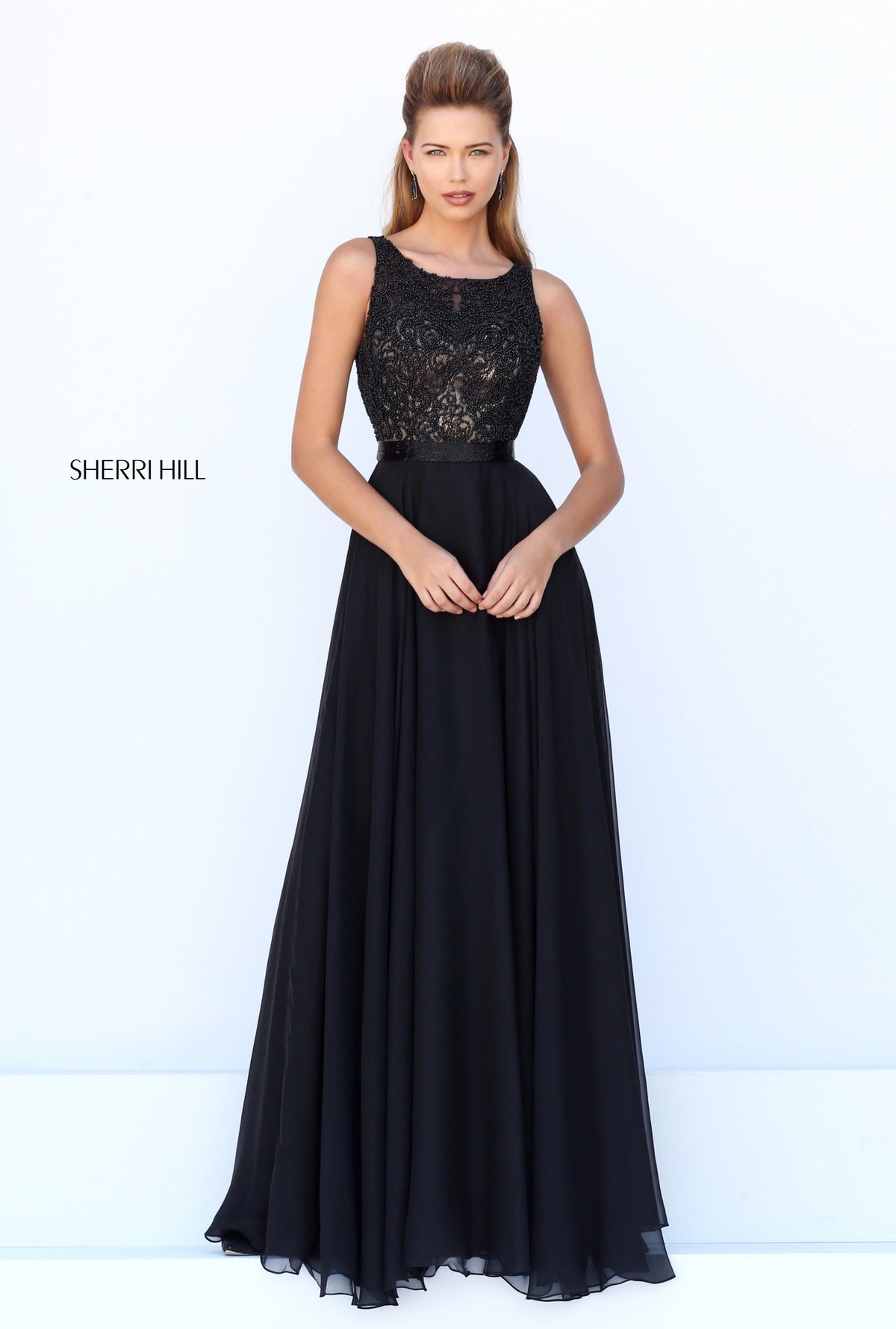 Sherri Hill 50397 chiffon gown with lace halter bodice in black