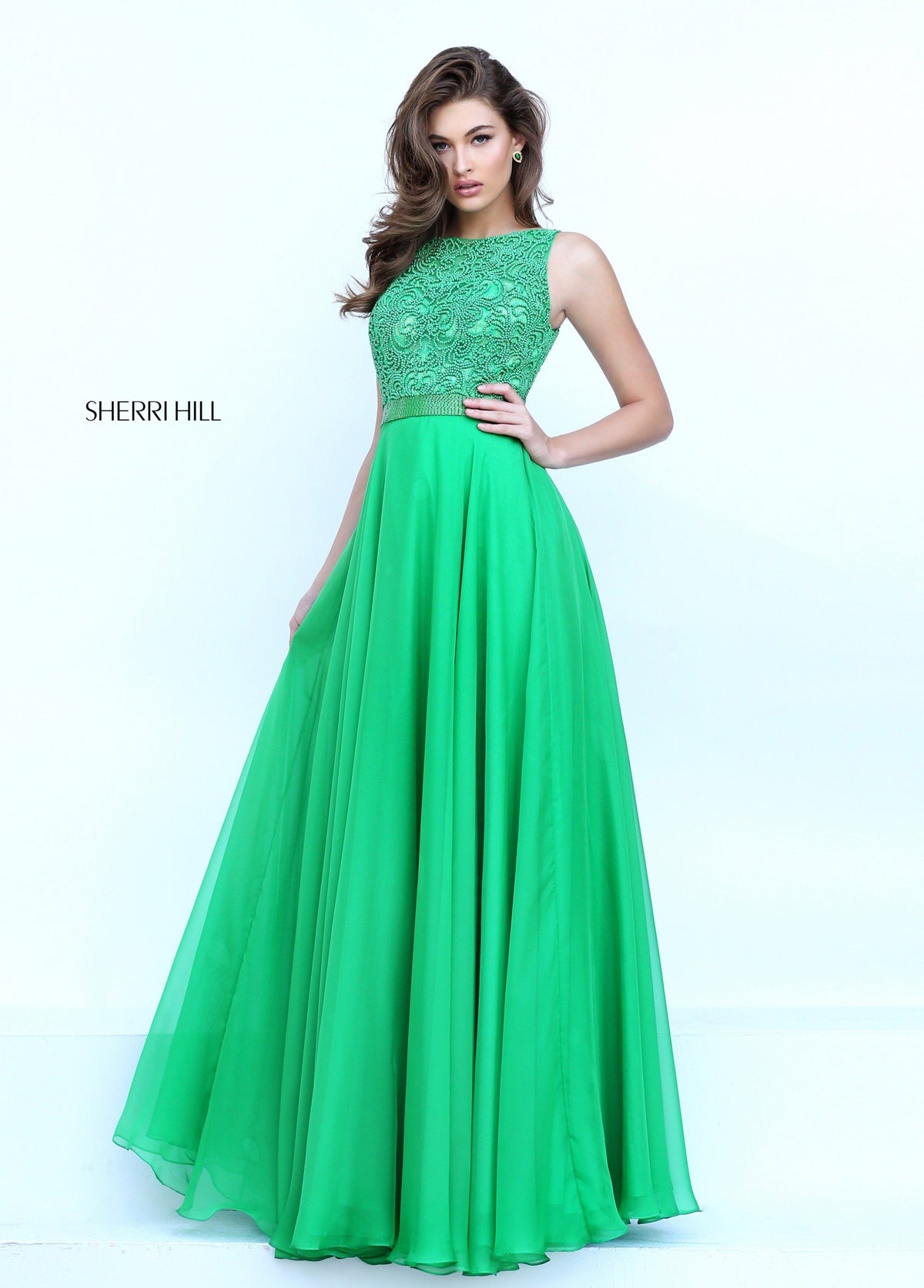 Sherri Hill 50397 chiffon gown with lace halter bodice in green