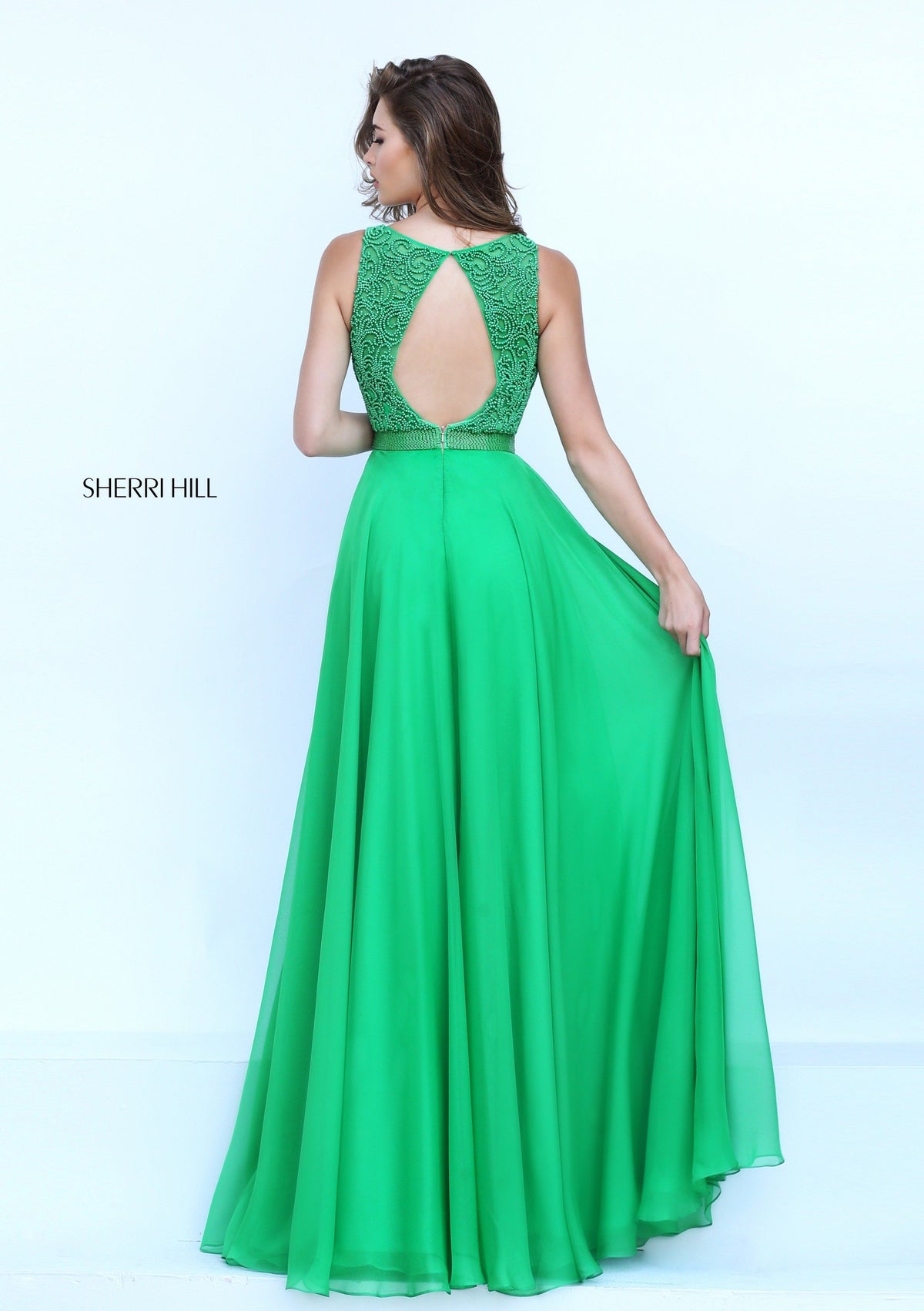 Sherri Hill 50397 chiffon gown with lace halter bodice