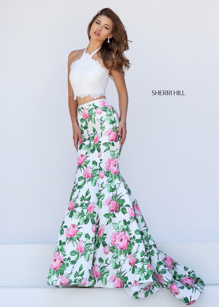 Sherri Hill style 50398 in ivory/pink print