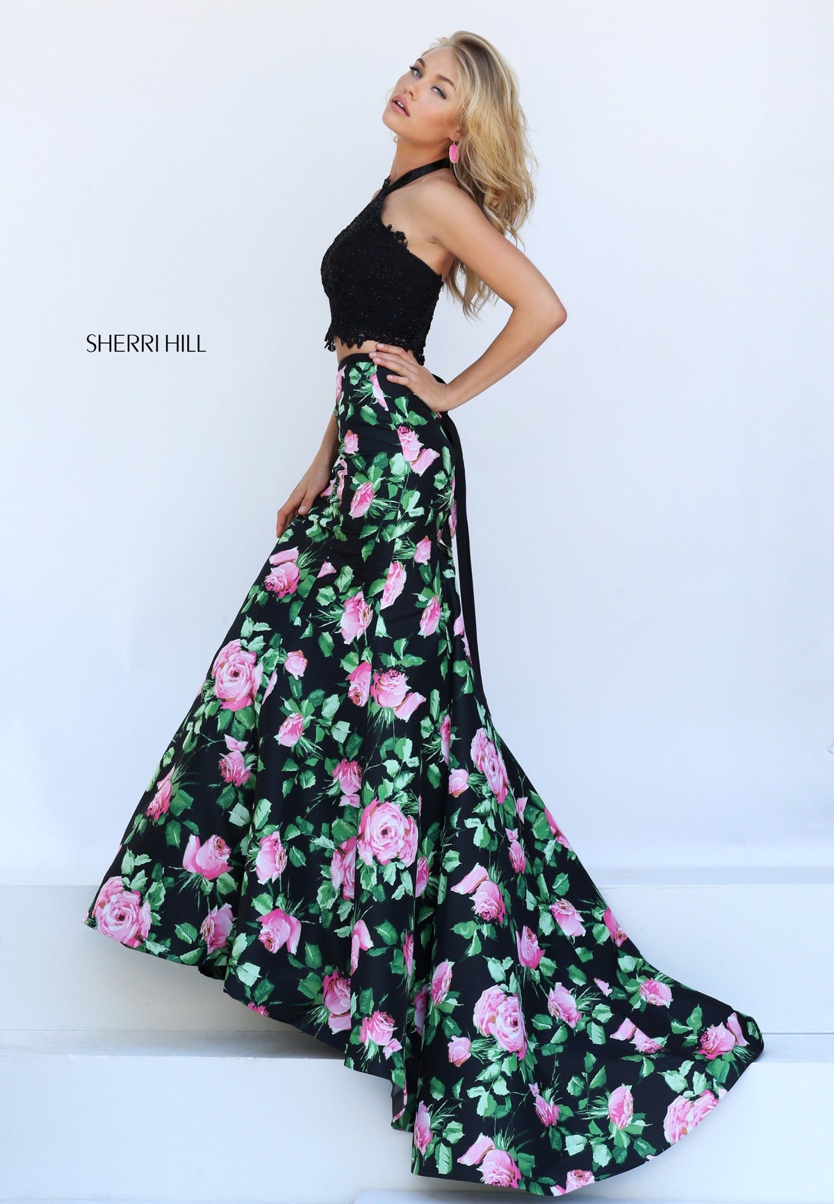 Sherri Hill 50399 two-piece floral print mermaid gown in black/pink print